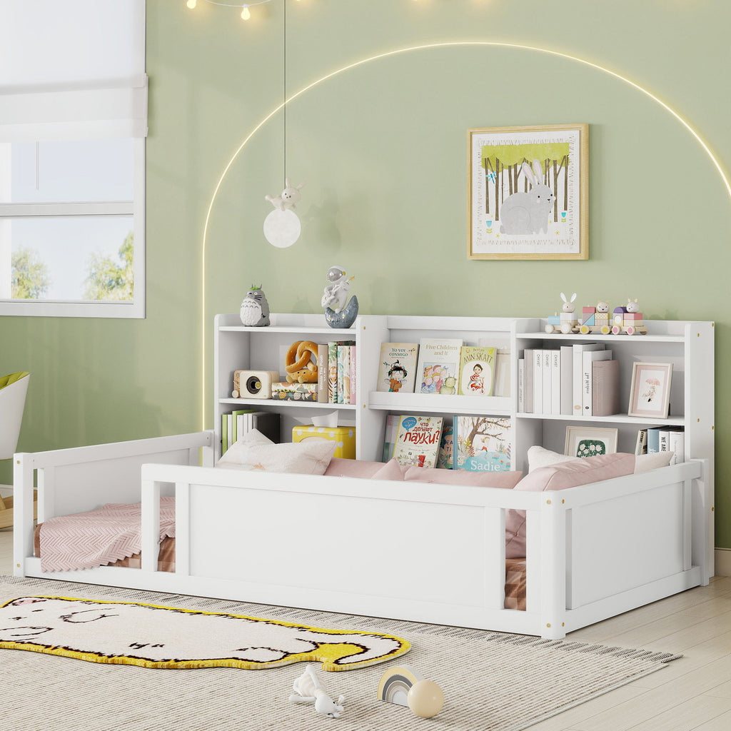Platform Floor Bed With Guardrail Fence And Side Storage Shelves