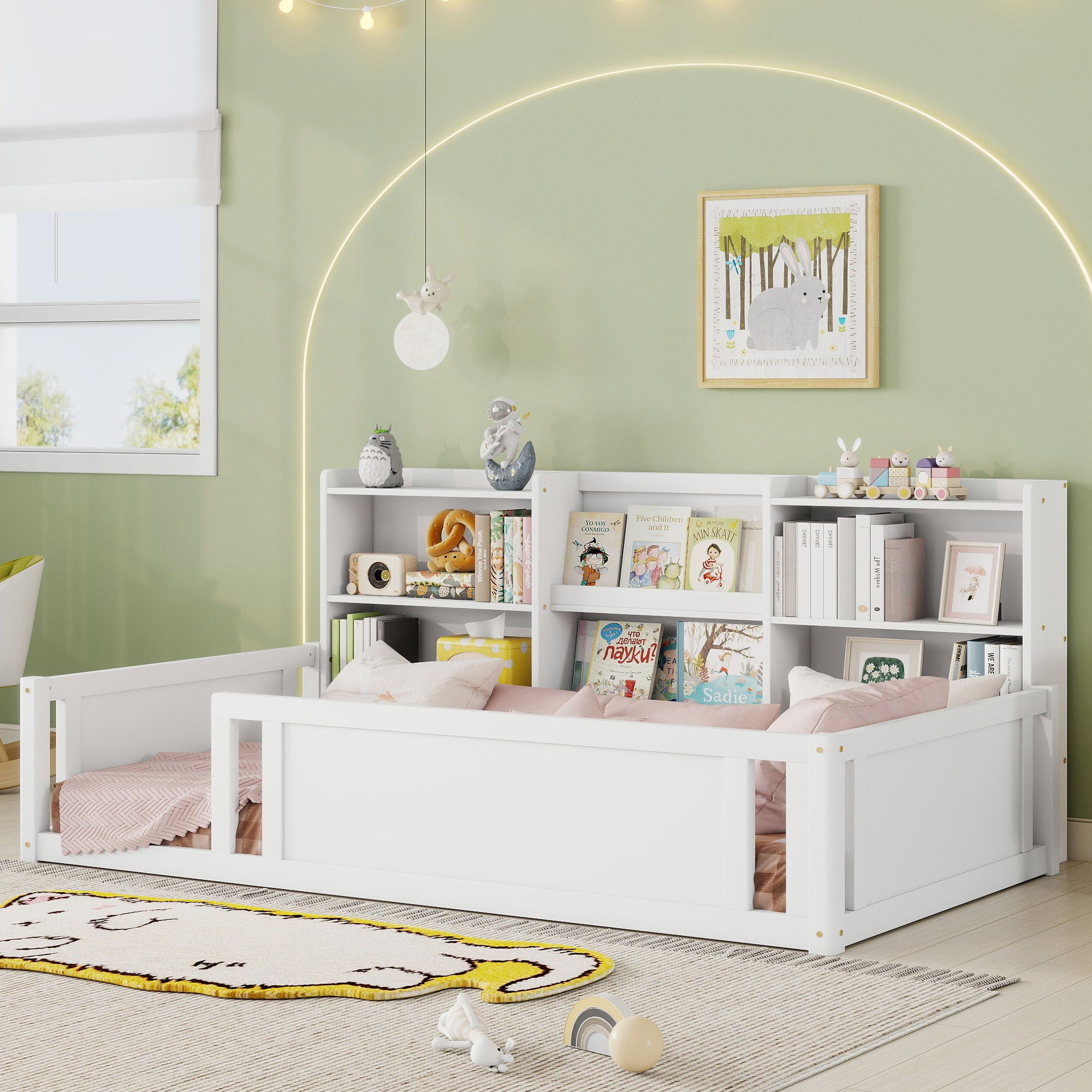 Platform Floor Bed With Guardrail Fence And Side Storage Shelves