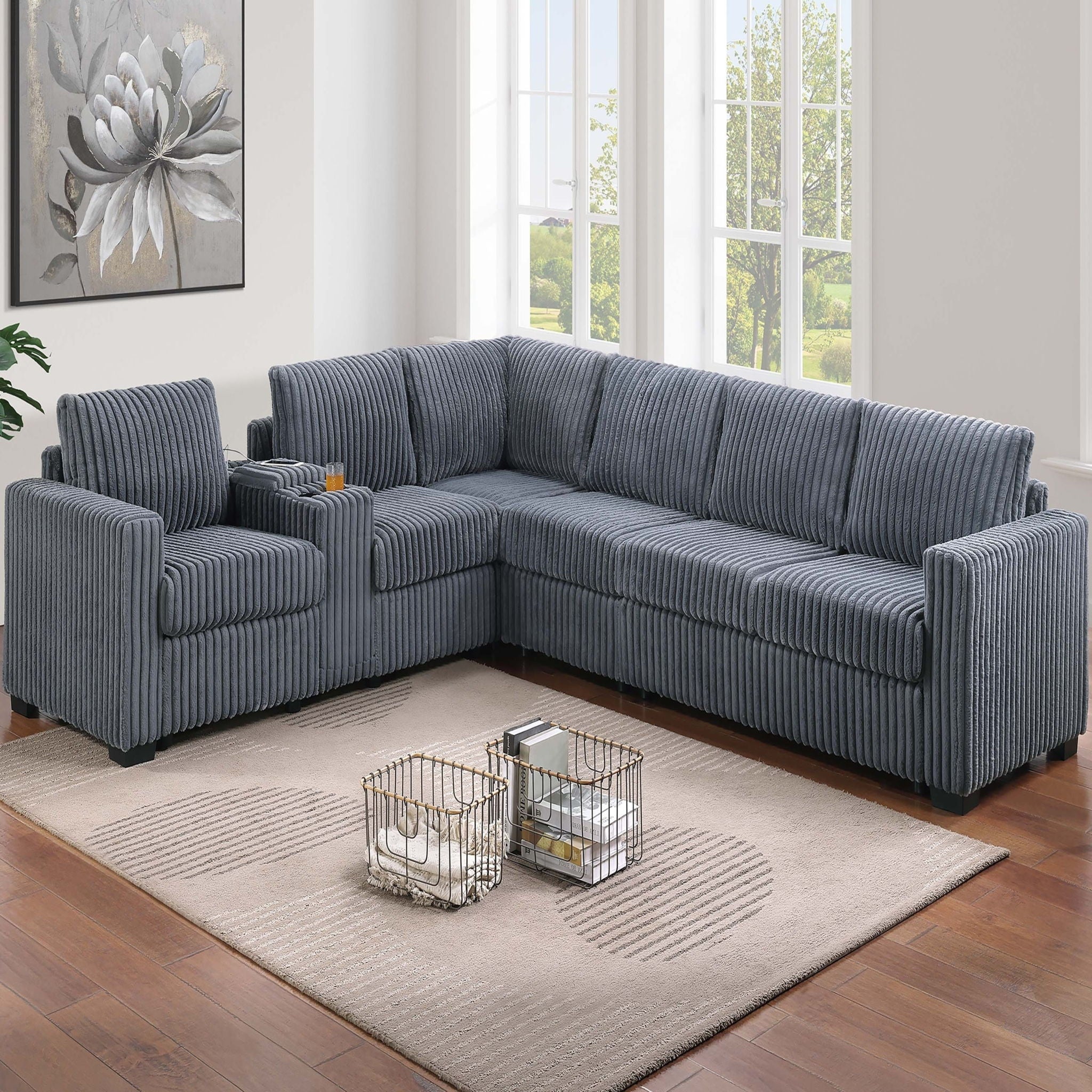 Modern Style L-Shape Sectional Set, USB Ports, Cup Holder
