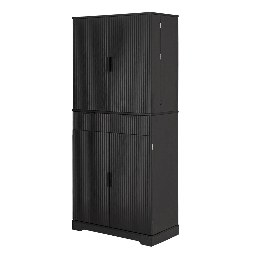 Fluted Kitchen Pantry Cabinet With 3 Keyboard Drawers & 6 Adjustable Door Shelves