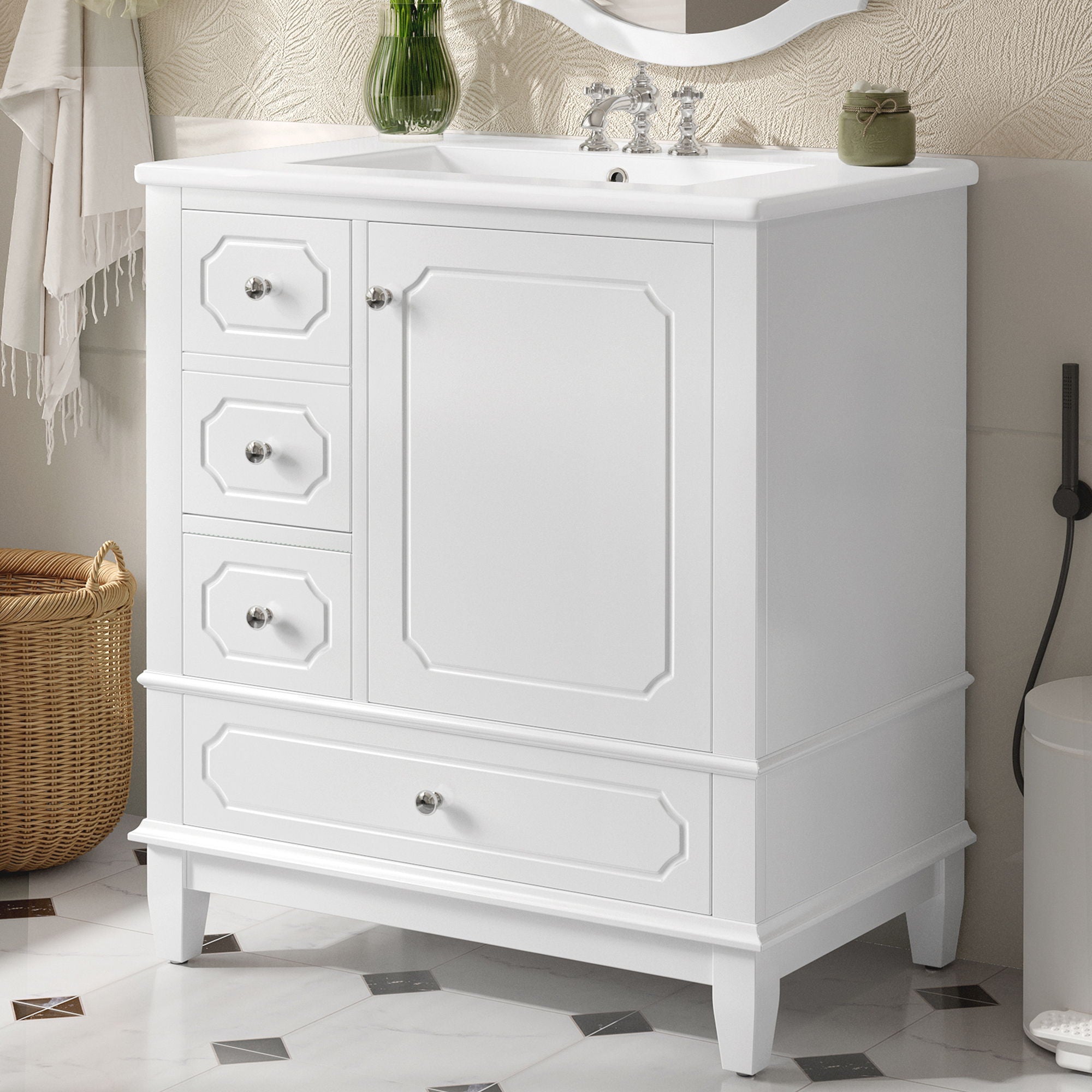 Bathroom Vanity With Sink, Freestanding Vanity Cabinet With Ceramic Basin, Soft Close Door, 3 Drawers