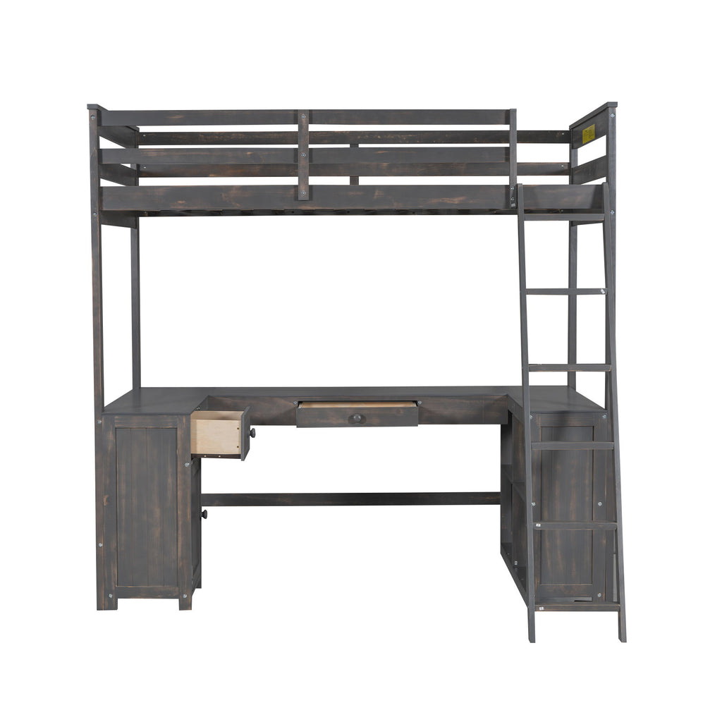 Loft Bed With U-Shaped Desk, Drawers, And Storage Shelves