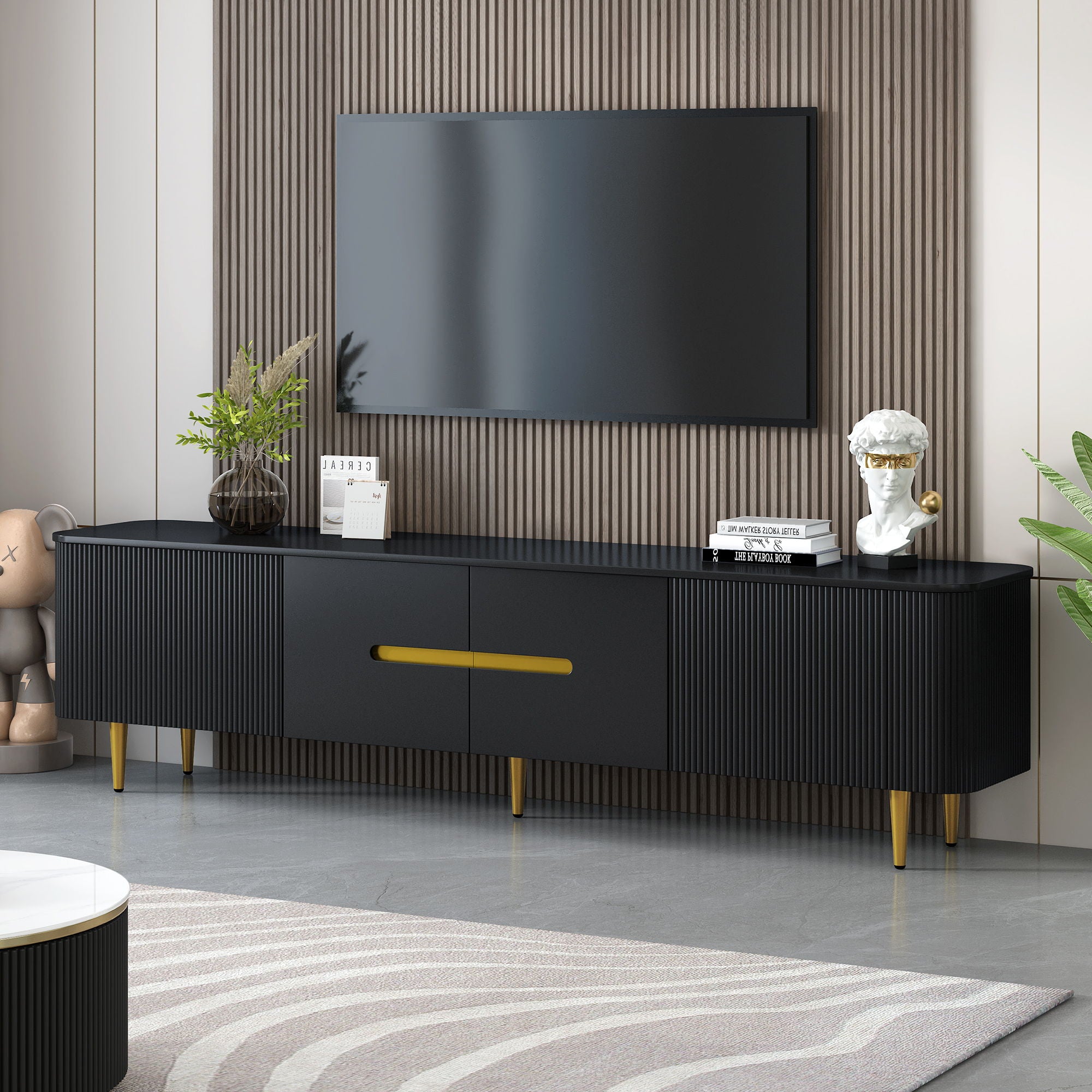 TV Stand For TVs, Media Console With 4 Spacious Cabinets For Living Room
