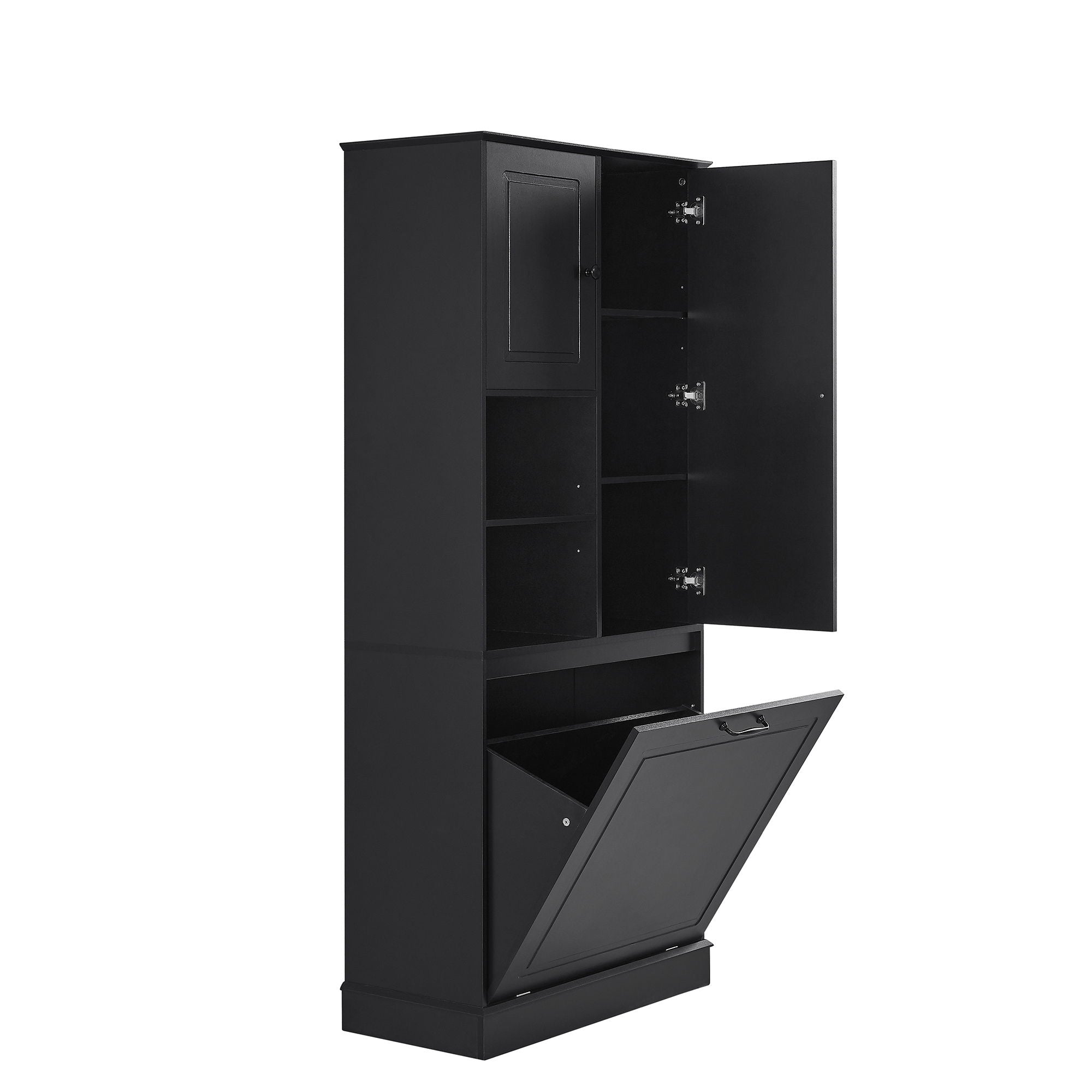 Modern Tall Storage Cabinet With Adjustable Shelves, Flip-Out Basket & Enclosed Doors