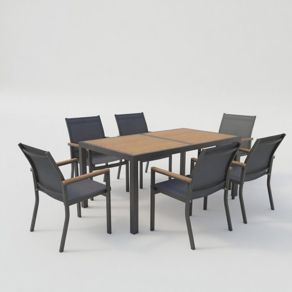 7 Piece Gray Aluminum Patio Dining Set With Textilene Chairs For Outdoor Living Frame With Accents, 59" Rectangle Table, All Weather Durable