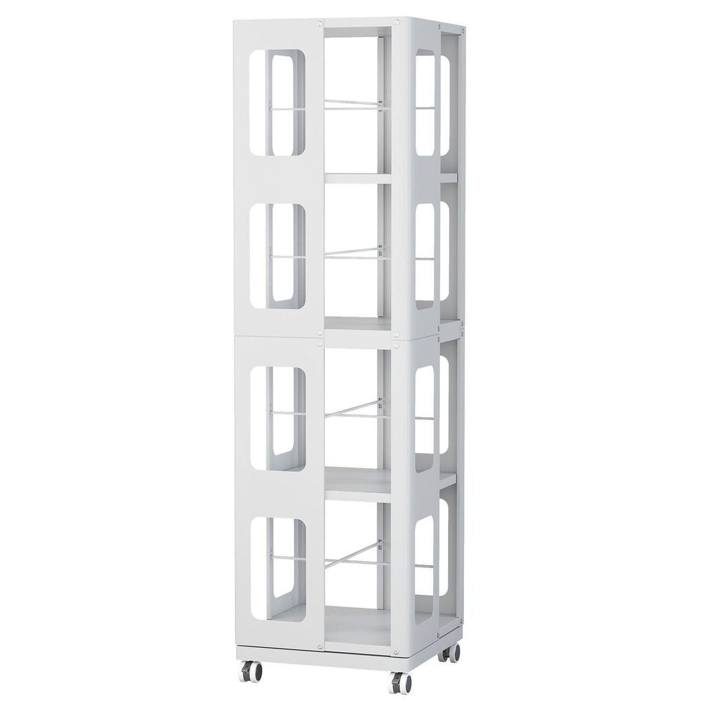 4 Tier All Steel Rotating Bookshelf With 360° Wheels, Large Size Sturdy & Spacious Book Rack, New Style Bookshelf - White