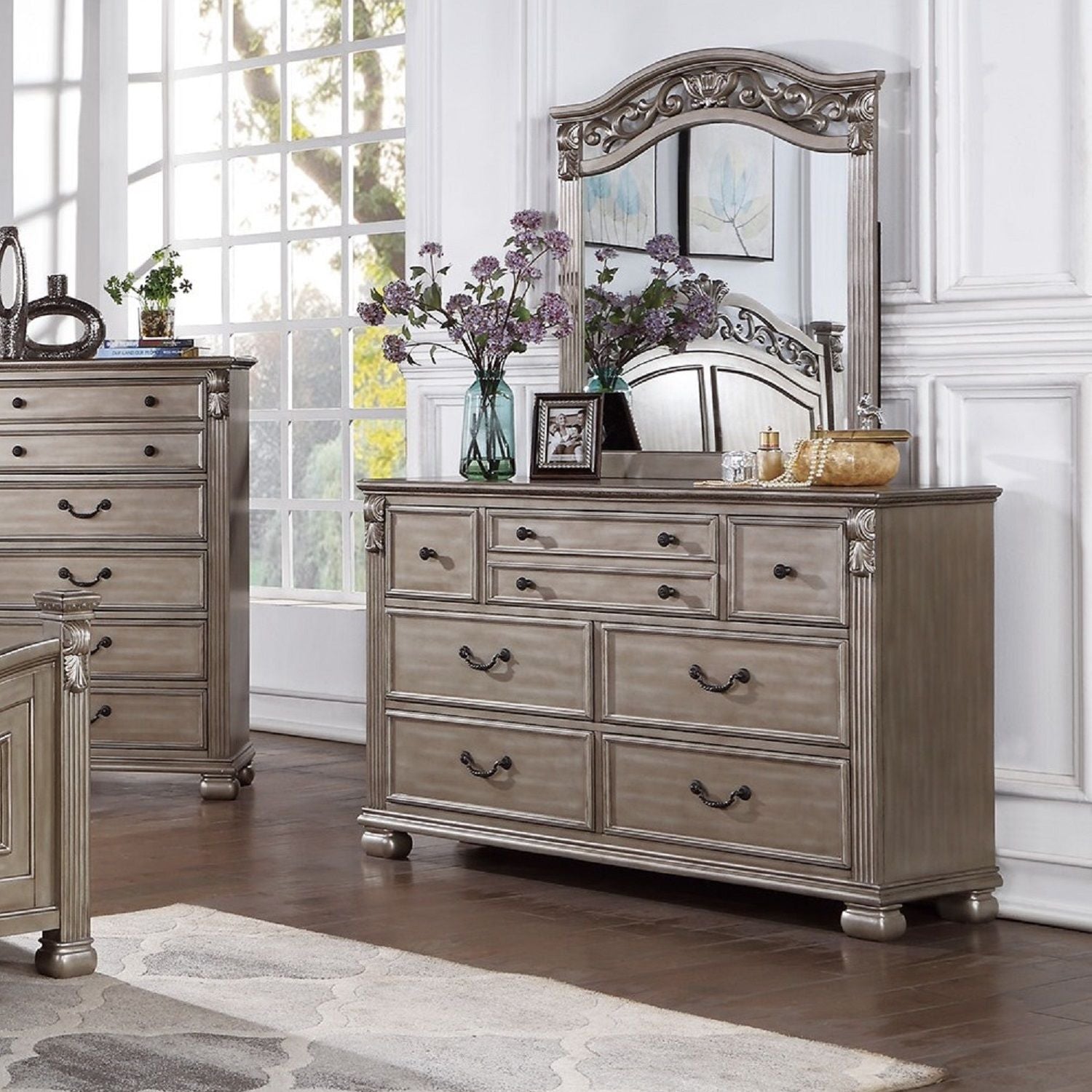 Dresser And Mirror - Antique Silver