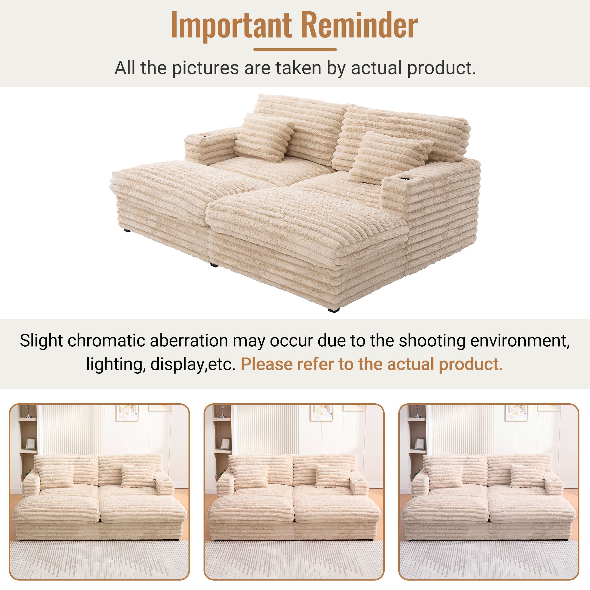 Oversized Double Chaise Lounge Sofa With USB Ports And Cup Holders