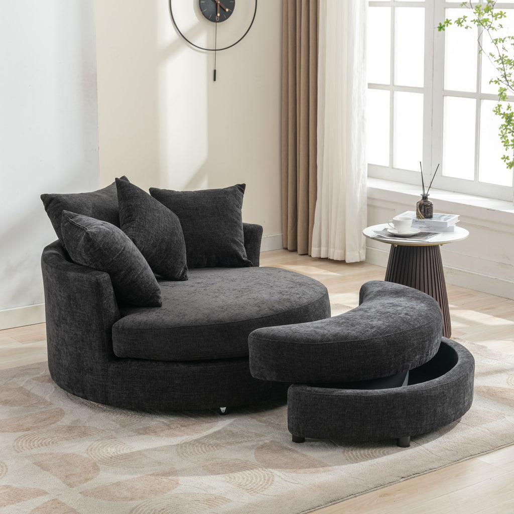 360° Swivel Accent Barrel Chair With Storage Ottoman & 4 Pillows, Modern Leisure Chair Round Accent For Living Room