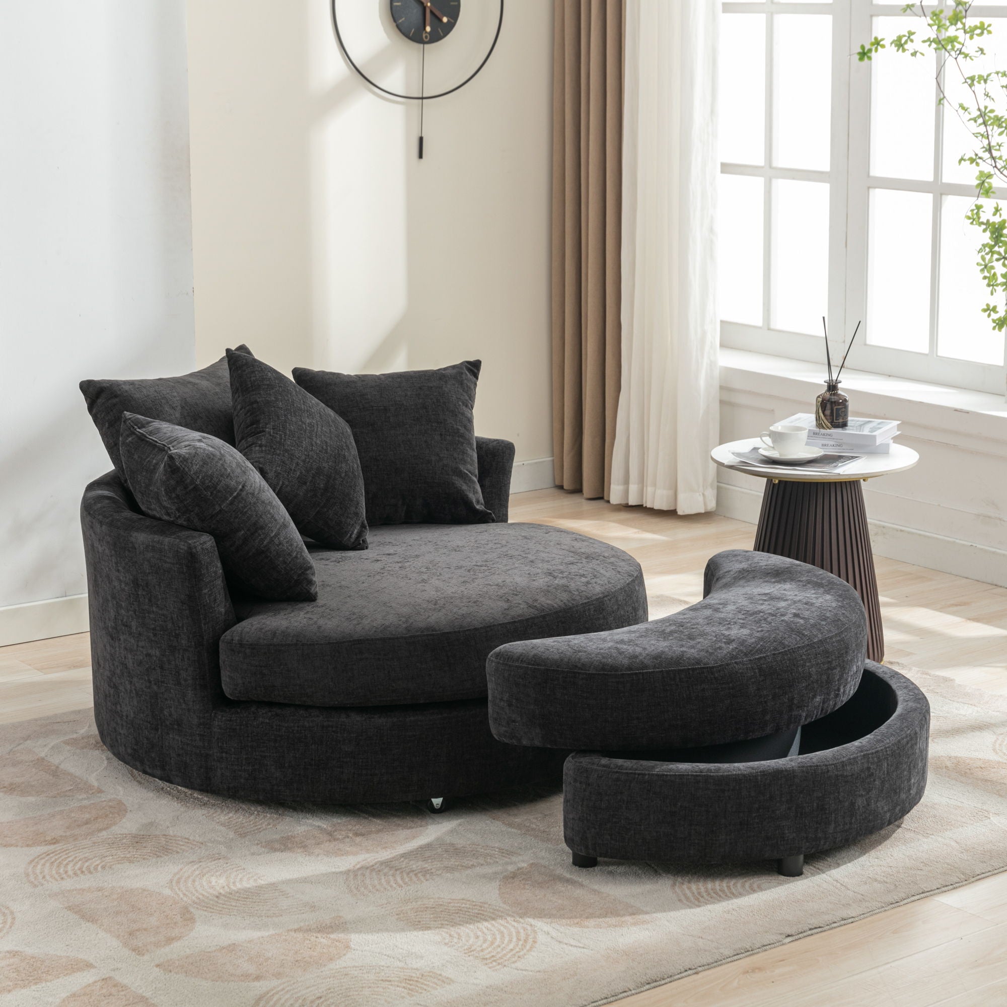360° Swivel Accent Barrel Chair With Storage Ottoman & 4 Pillows, Modern Leisure Chair Round Accent For Living Room
