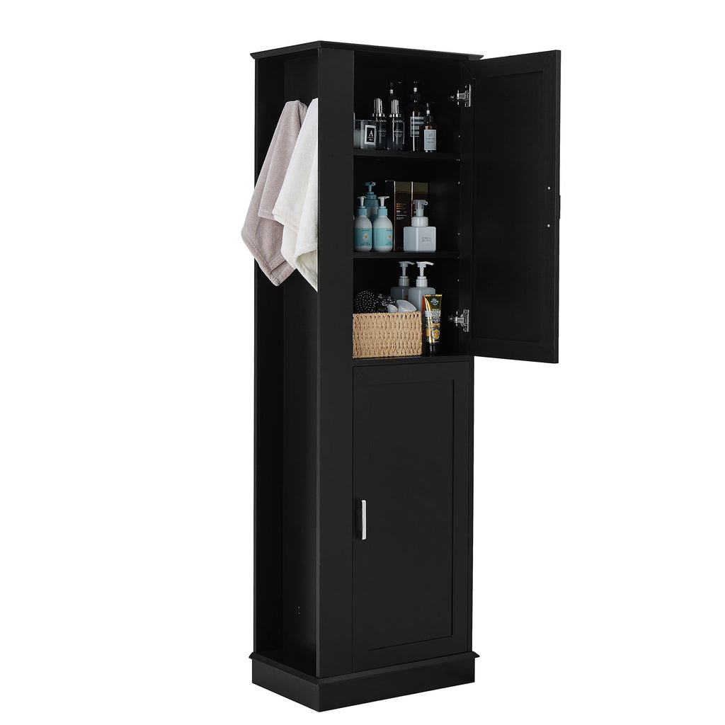 Tall Freestanding Bathroom Storage Cabinet With Adjustable Shelves And Side Hooks