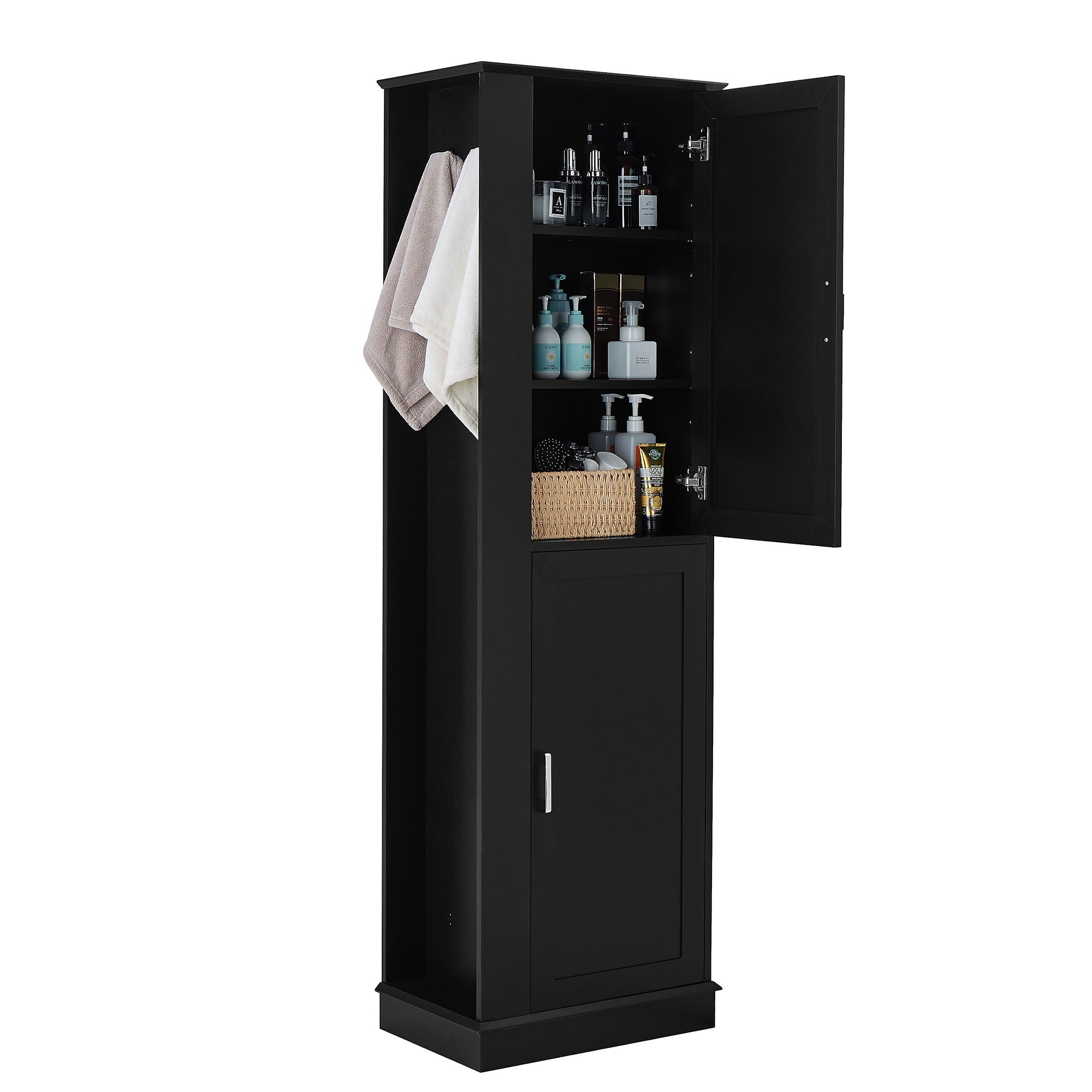 Tall Freestanding Bathroom Storage Cabinet With Adjustable Shelves And Side Hooks