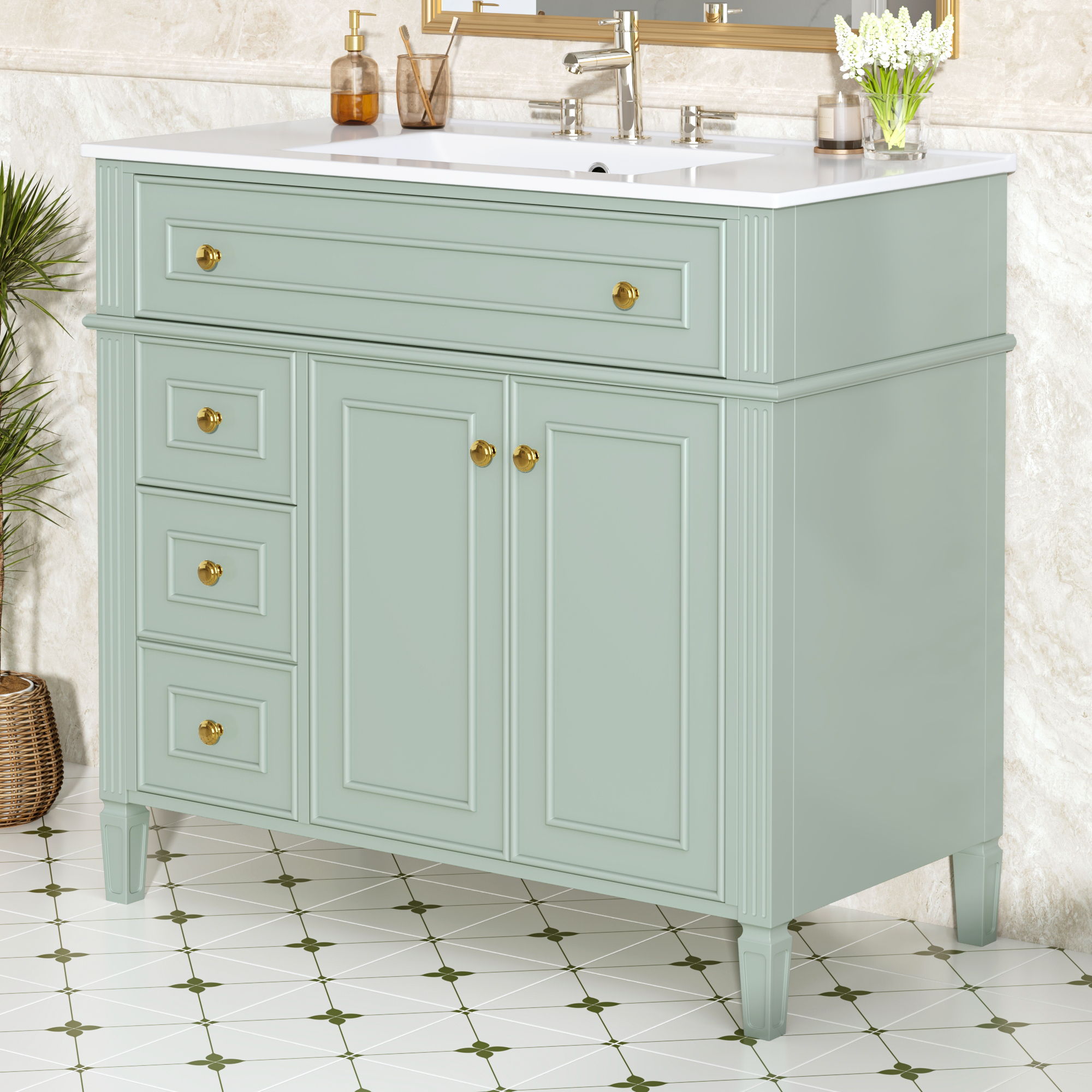 Bathroom Vanity With Sink, 3 Drawers & 2 Doors