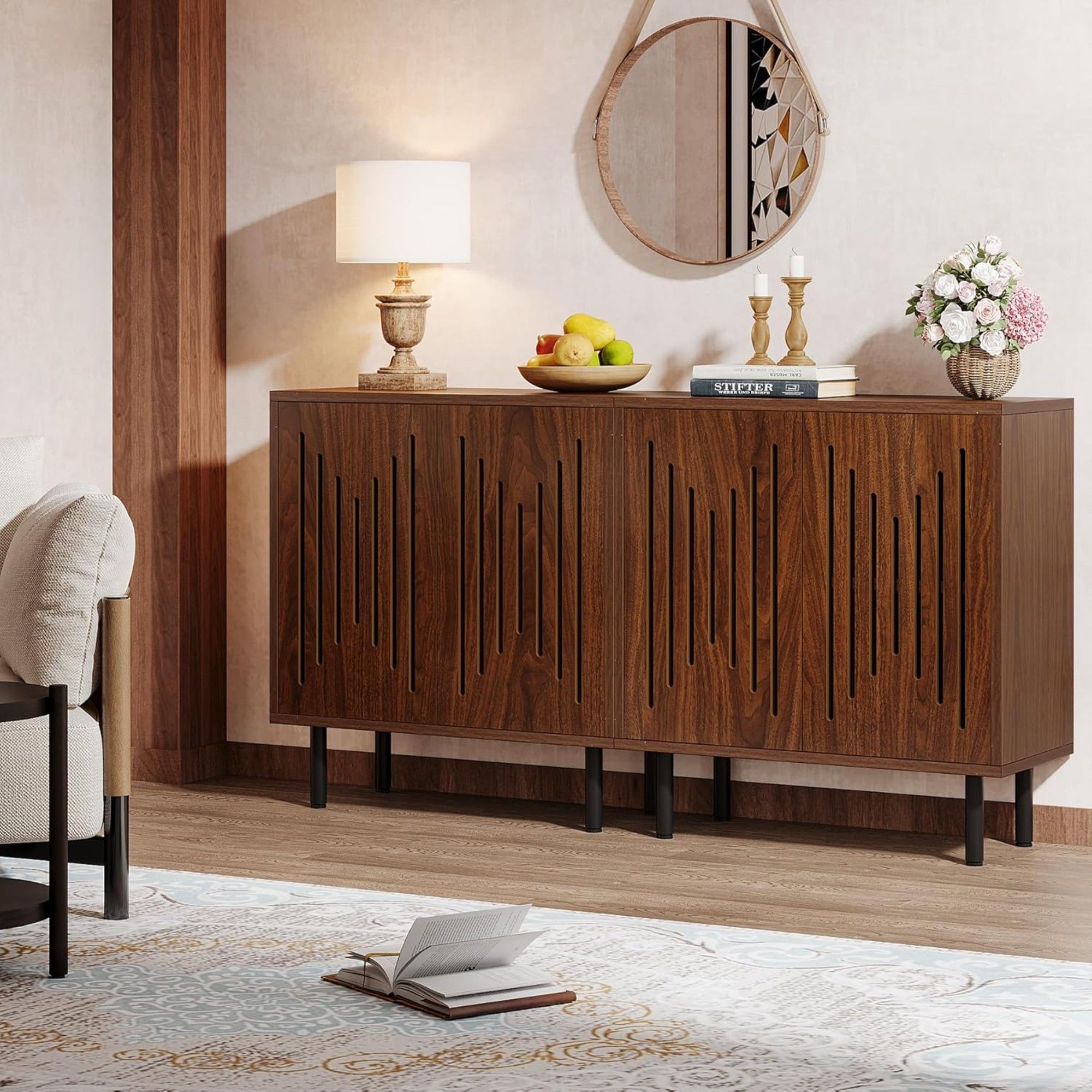 Buffet Sideboard Cabinets With Adjustable Shelves For Dining Room (Set of 2) - Dark Brown
