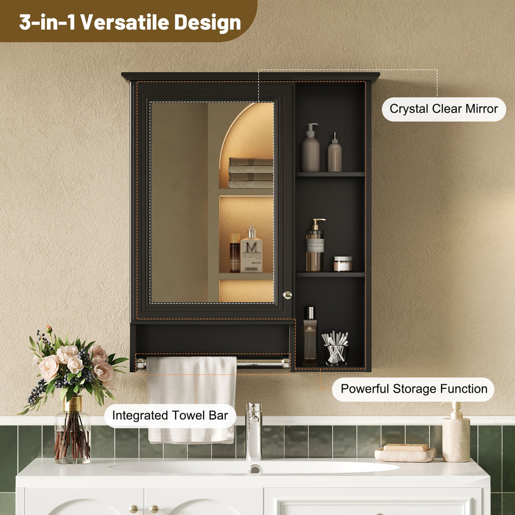 Modern 3 In 1 Bathroom Mirror Cabinet With Adjustable Shelf & Towel Bar