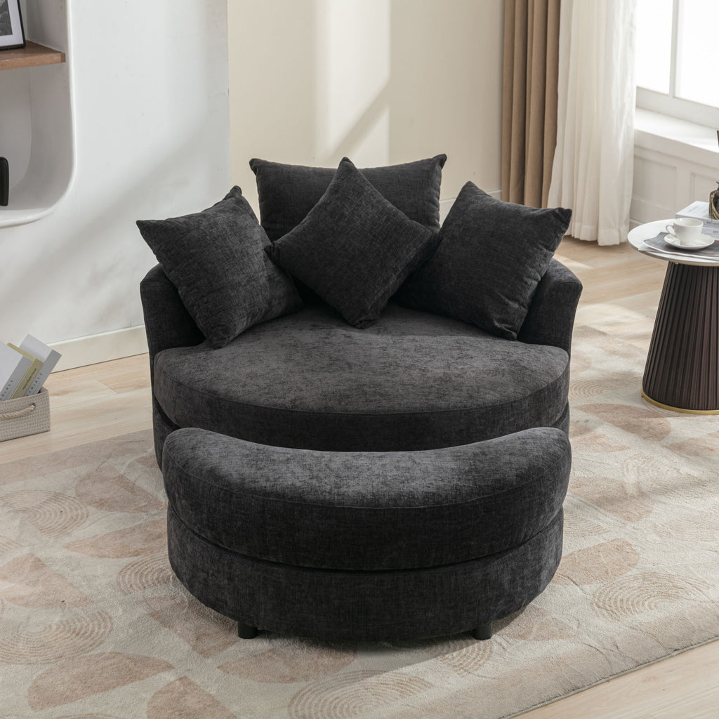 360° Swivel Accent Barrel Chair With Storage Ottoman & 4 Pillows, Modern Leisure Chair Round Accent For Living Room