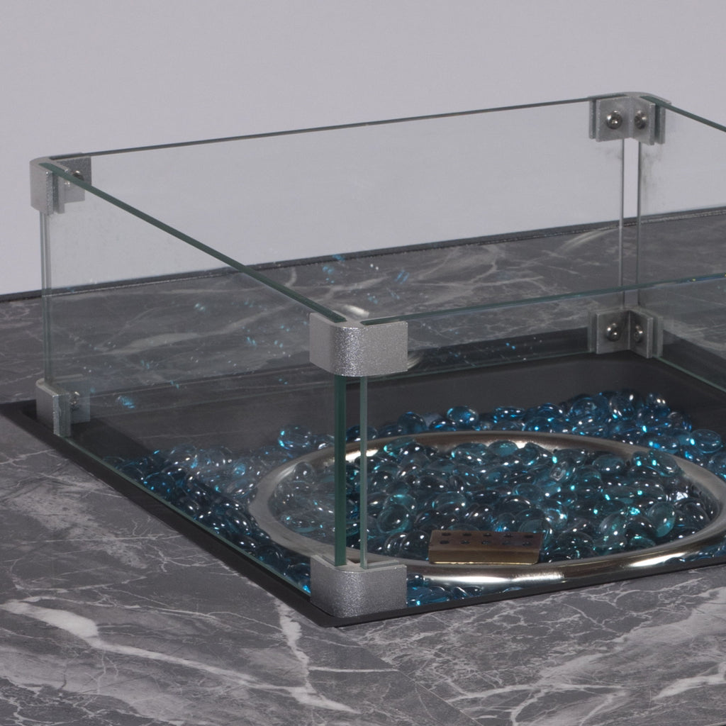 Morden Steel Fire Pit Table With Marble Tile Tabletop, Glass Wind Guard And Lid