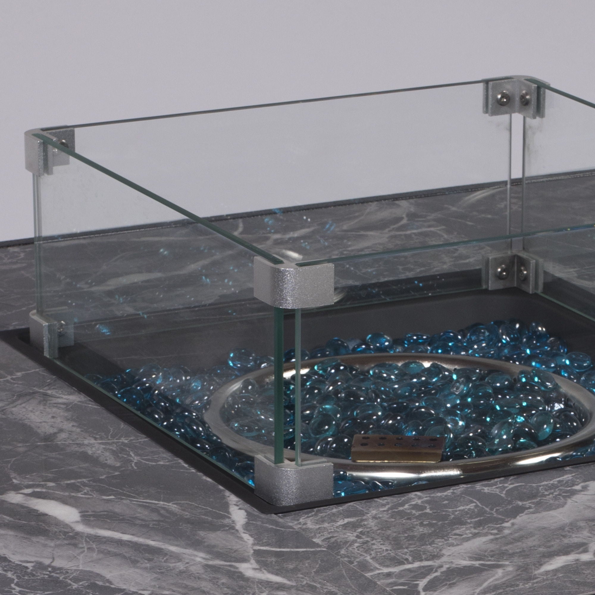Morden Steel Fire Pit Table With Marble Tile Tabletop, Glass Wind Guard And Lid
