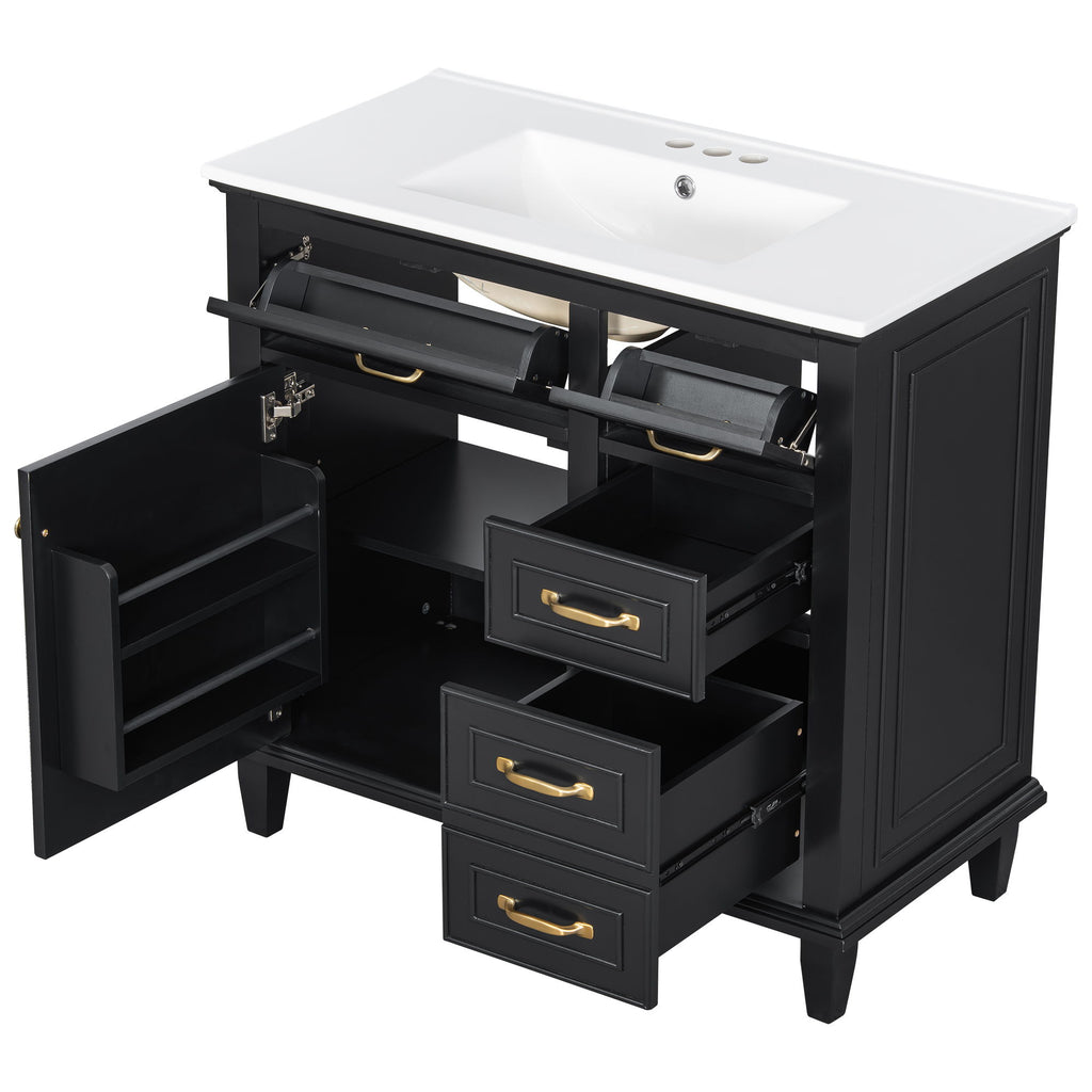 Modern Bathroom Vanity With Sink Top, Flip Drawers, Adjustable Shelf