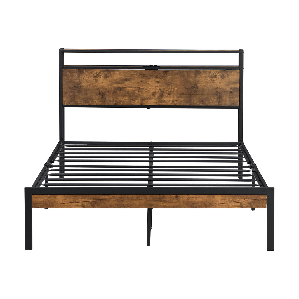 Metal Platform Bed Frame With Wooden Headboard And Footboard With USB Liner, No Box Spring Needed, Under Bed Storage