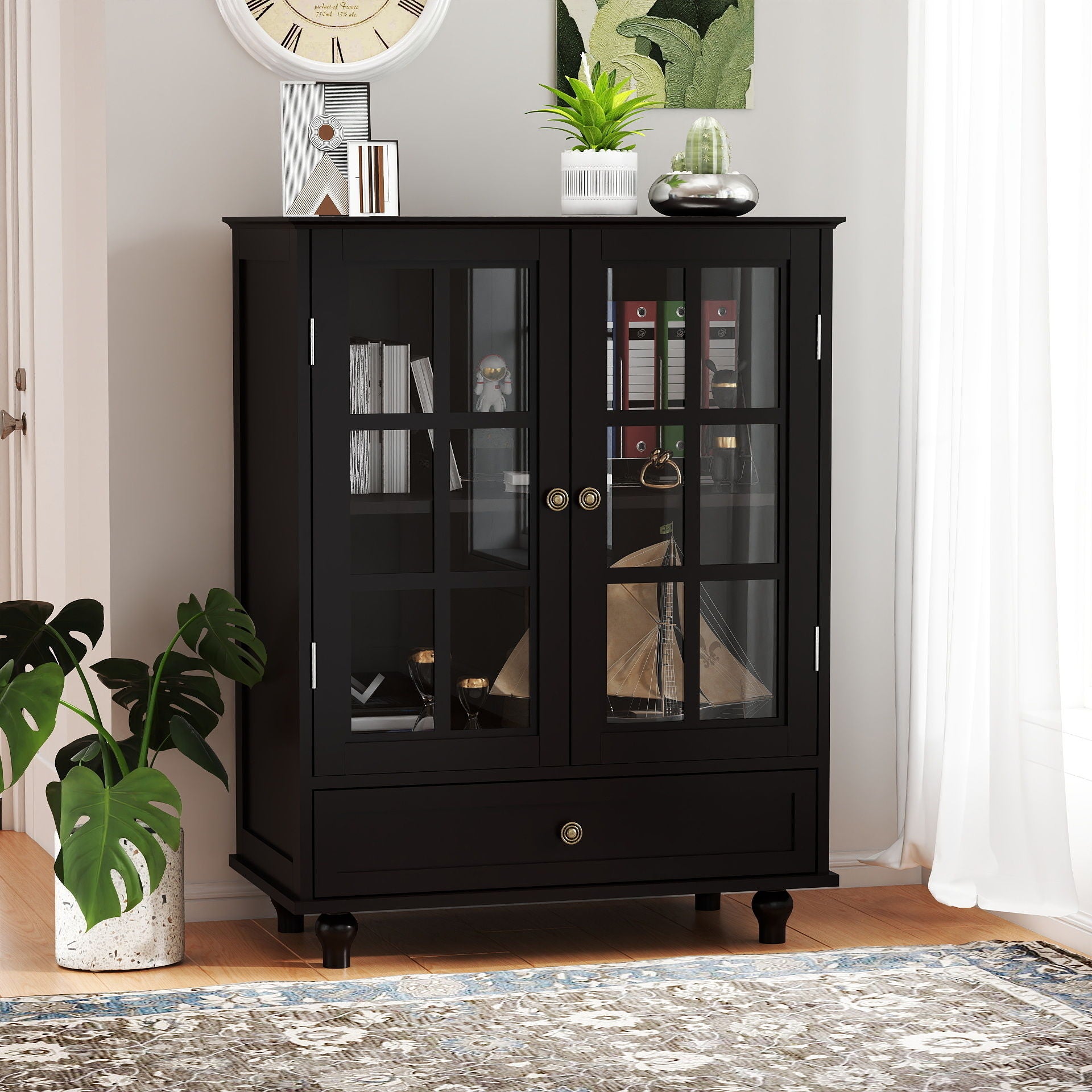 Minimalist Buffet Cabinet With Double Glass Doors And Drawer