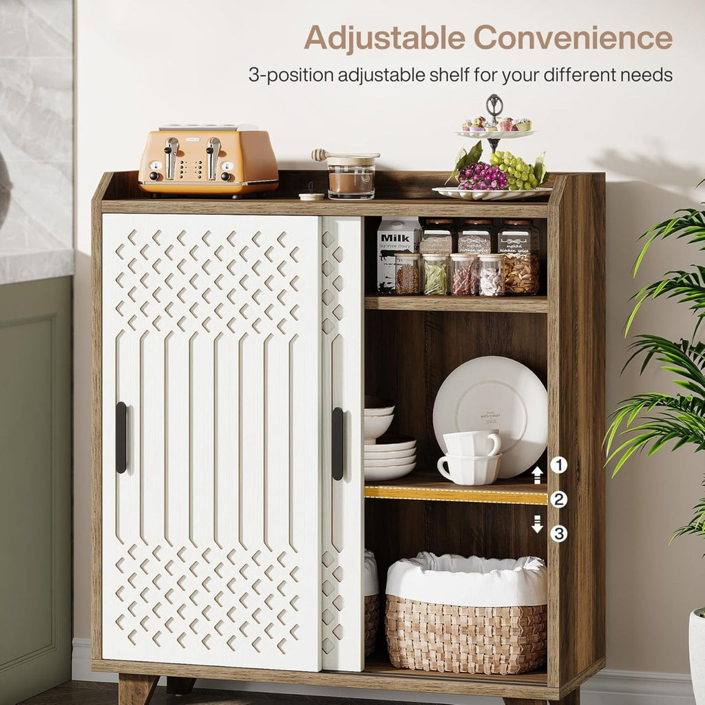 Sliding Door Sideboard Buffet Cabinet With Storage For Dining Room - Brown / White