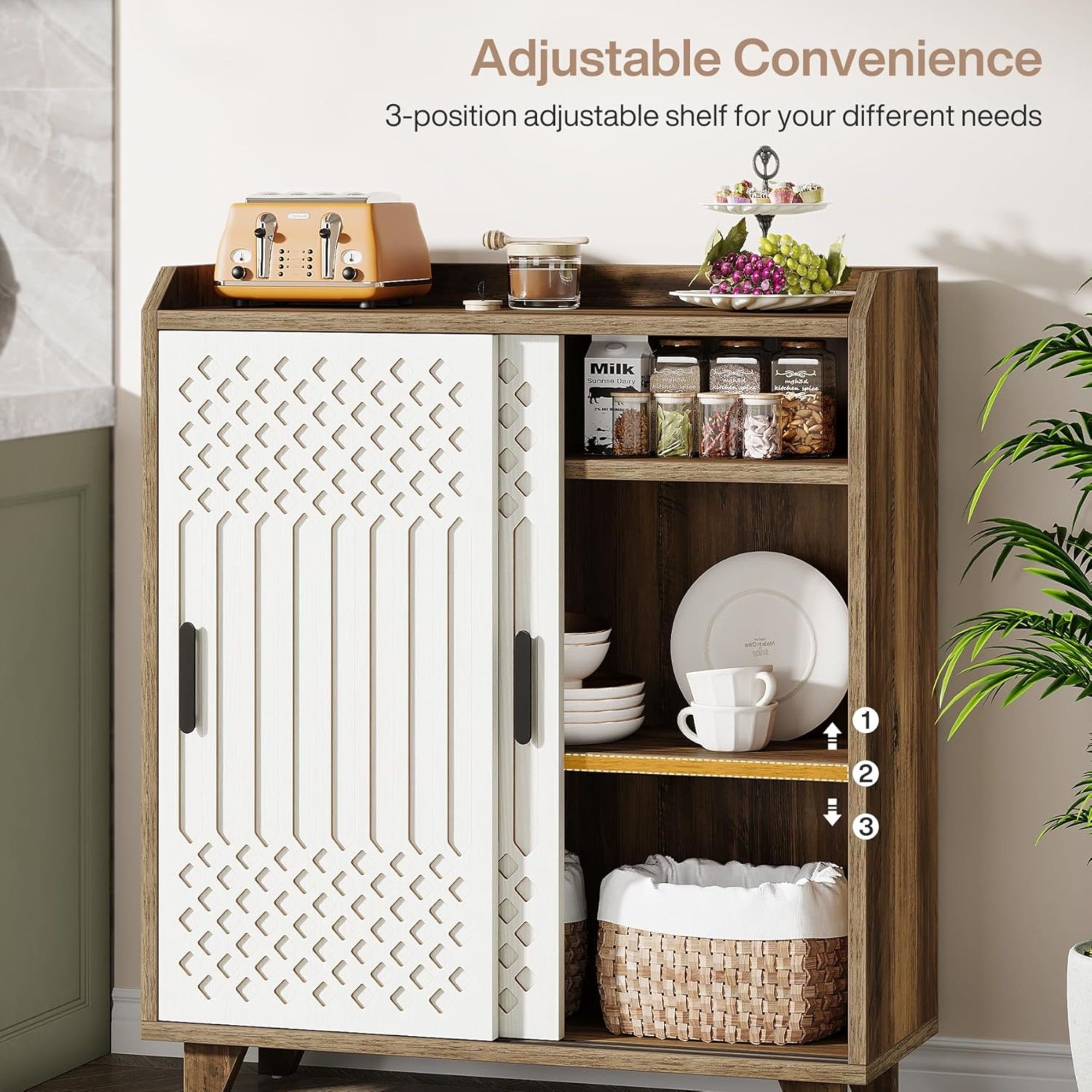 Sliding Door Sideboard Buffet Cabinet With Storage For Dining Room - Brown / White