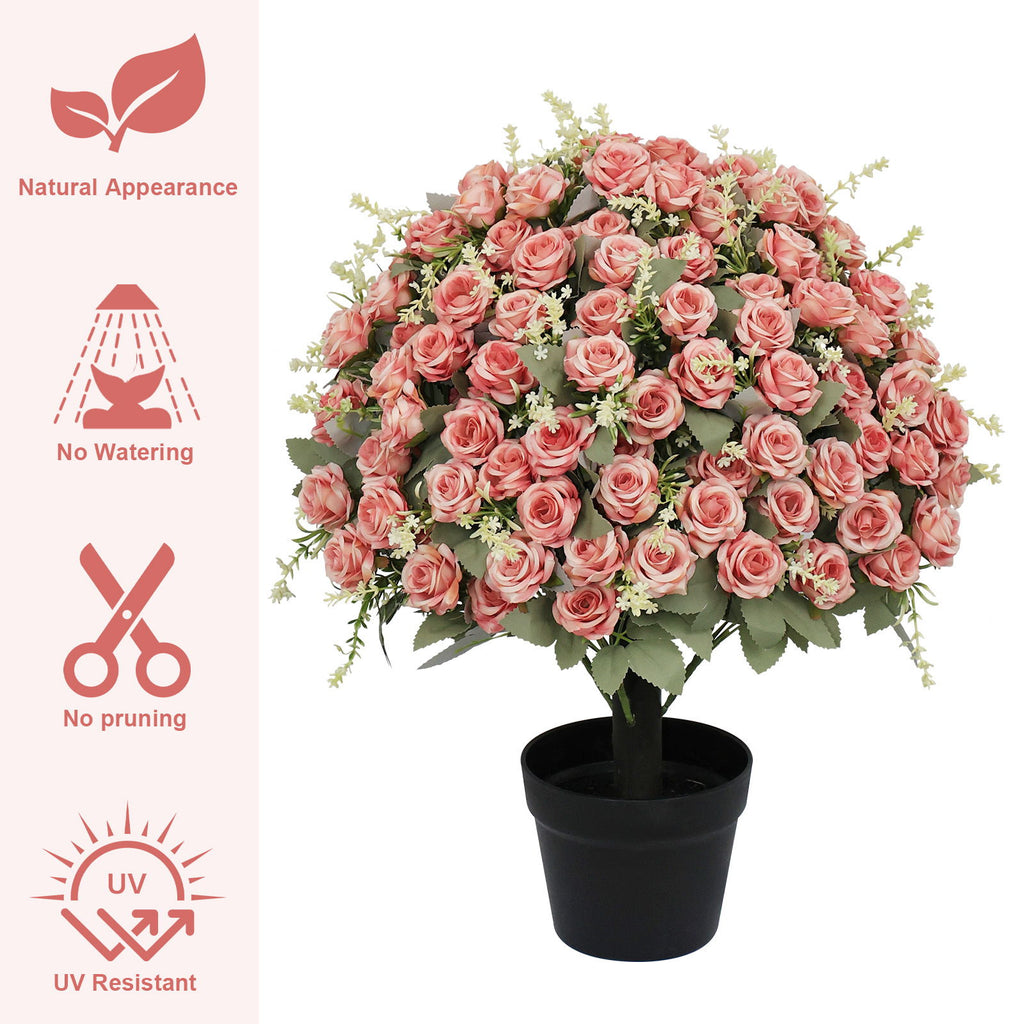 Artificial Rose Decoration With UV Resistant Silk Petals, Durable Stems In Cement Pot, Indoor Outdoor Potted Floral Arrangement - Green / Pink