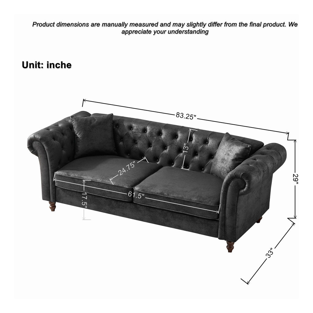 Chesterfield Sofa, High Tech Fabric Roll Armrest, 3 Seater Couch - Black