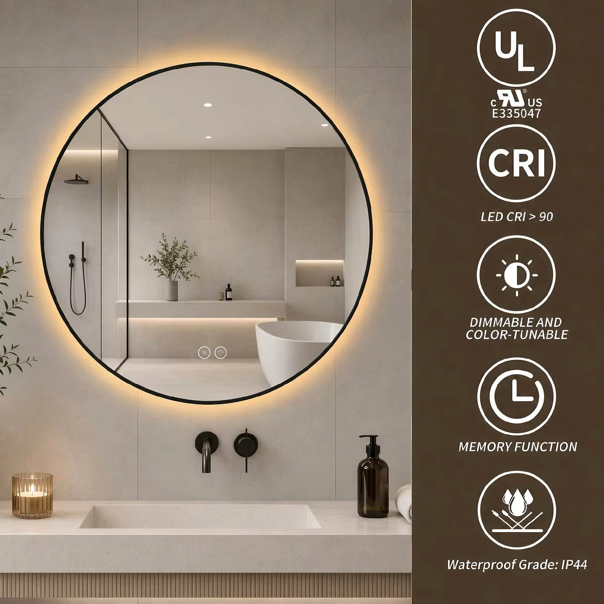 Round Framed Dimmable ED Bathroom Mirror With Anti Fog