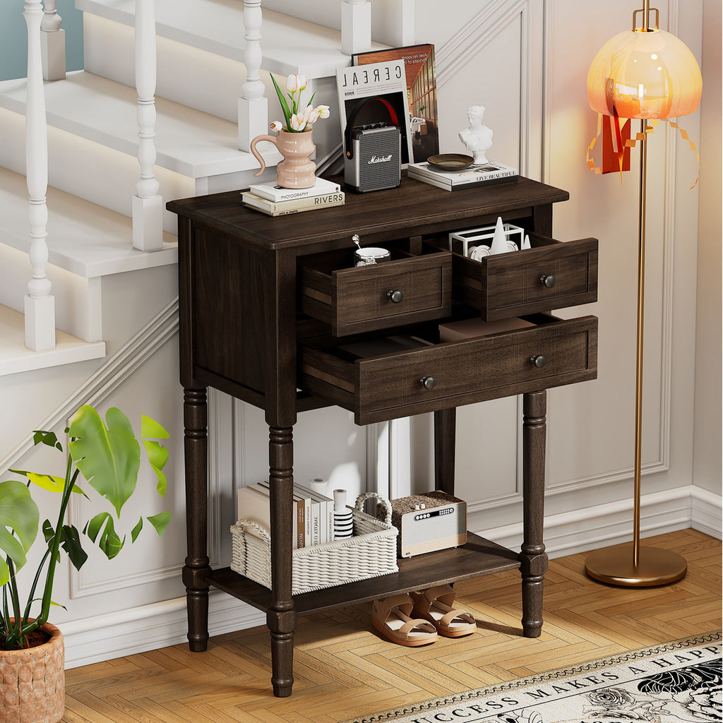 Narrow Console Table With 3 Storage Drawers And Bottom Shelf - Brown