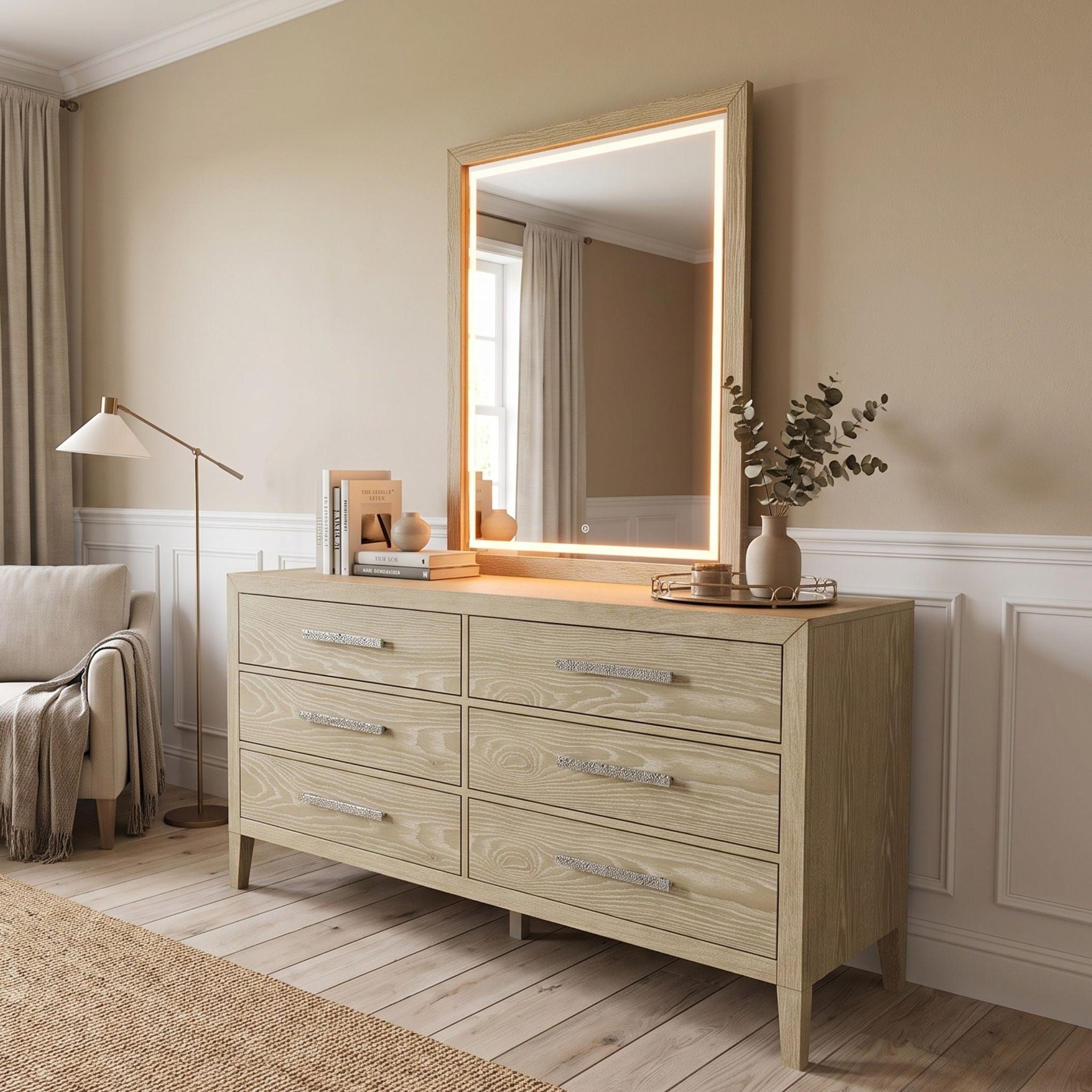 Adeline - 6 Drawers Dresser & Mirror With Jewelry Box & LED Light - Natural Wood Wash