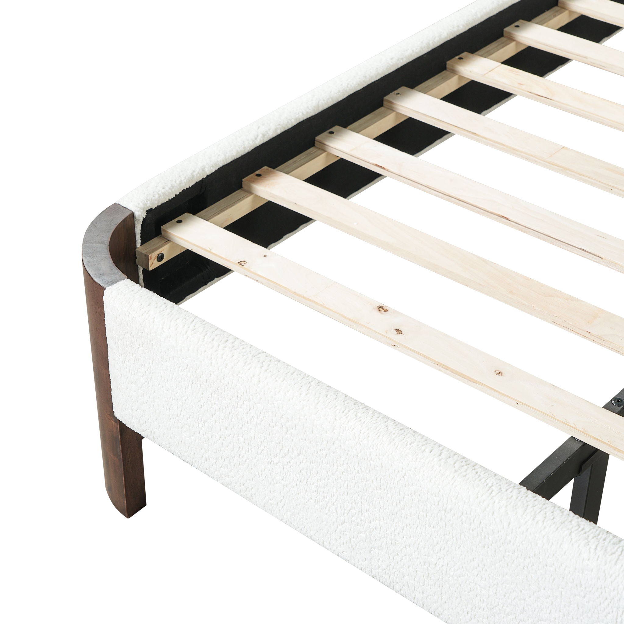 King Upholstered Platform Bed Frame With Curved Headboard, Built-In Floating Shelves, Wood Slats And Metal Support - White & Brown