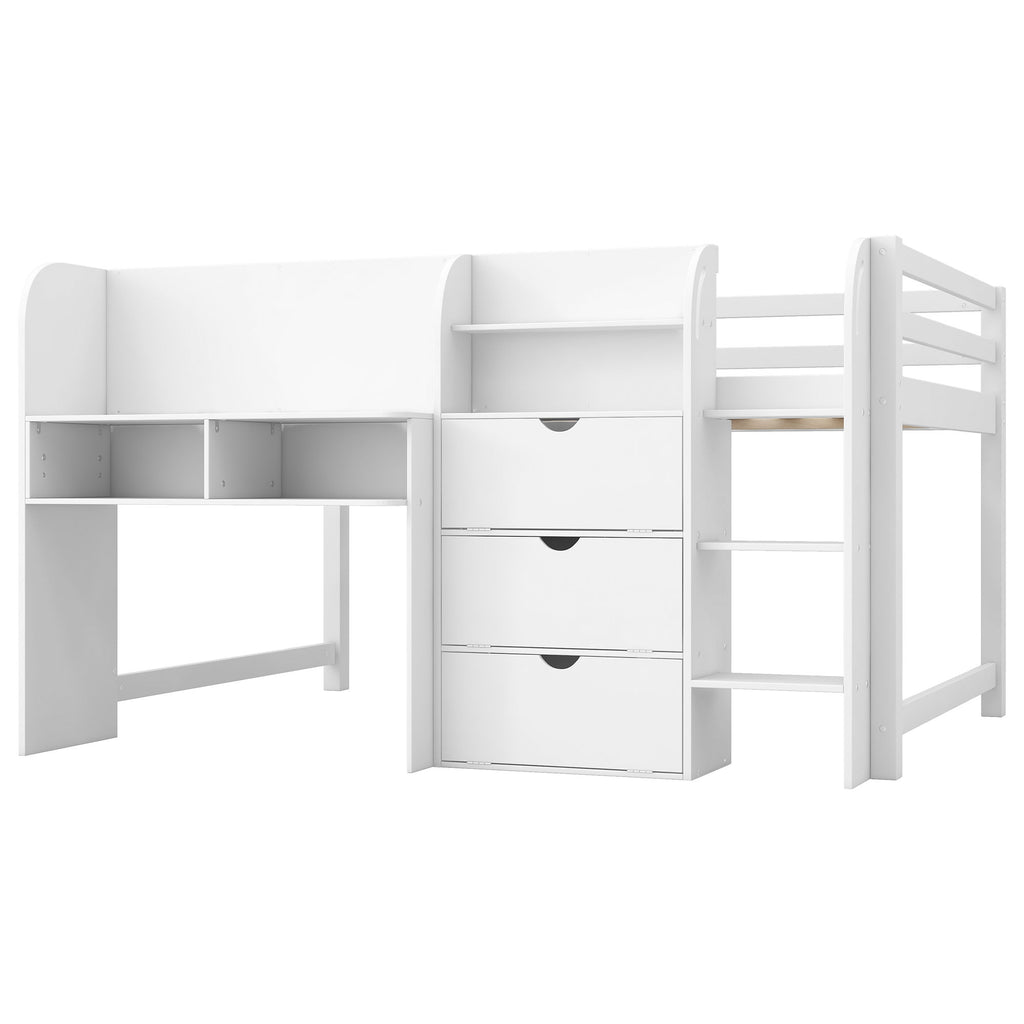 Low Loft Bed With Built In Desk, Storage Cabinets, Open Bookcase And Doodle board
