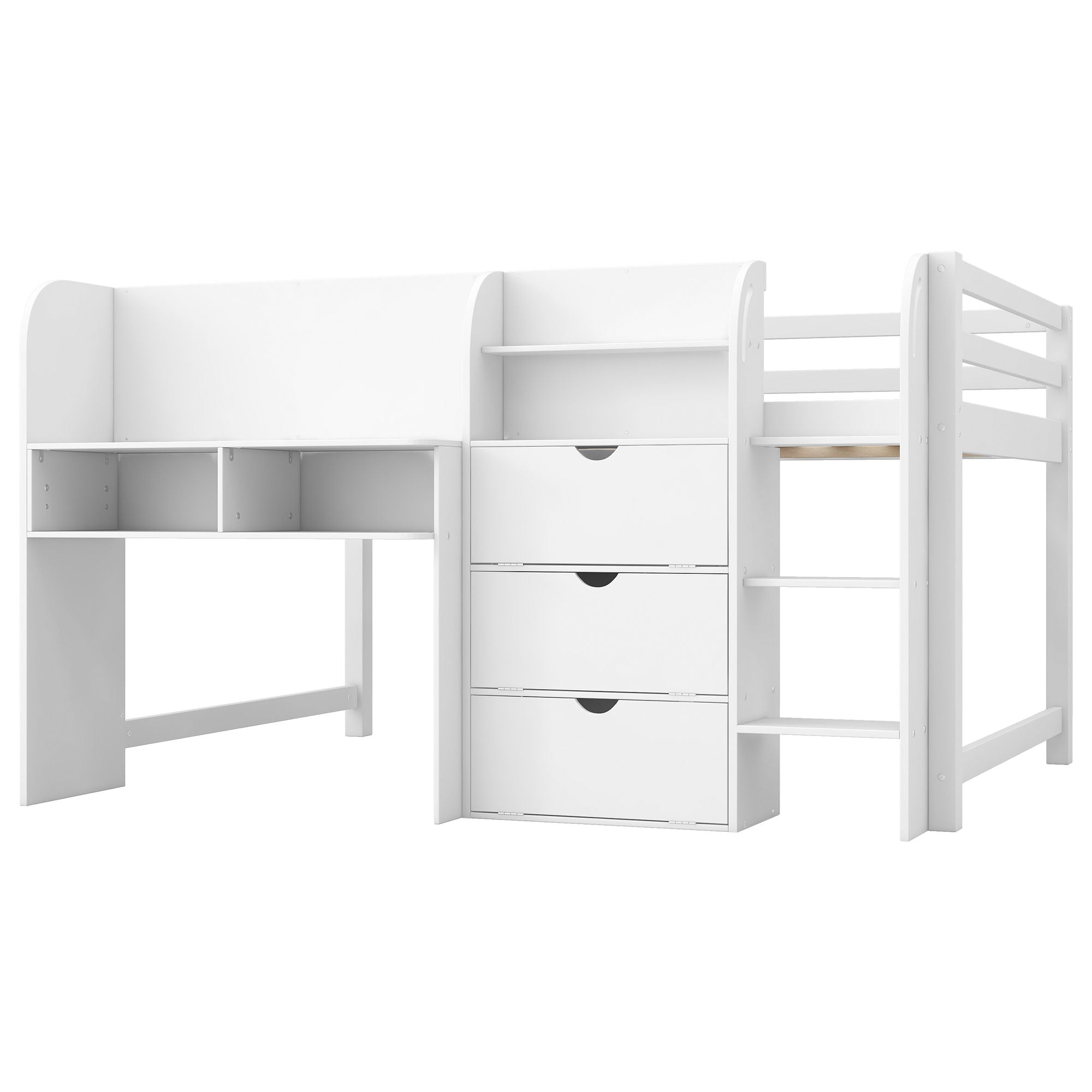 Low Loft Bed With Built In Desk, Storage Cabinets, Open Bookcase And Doodle board