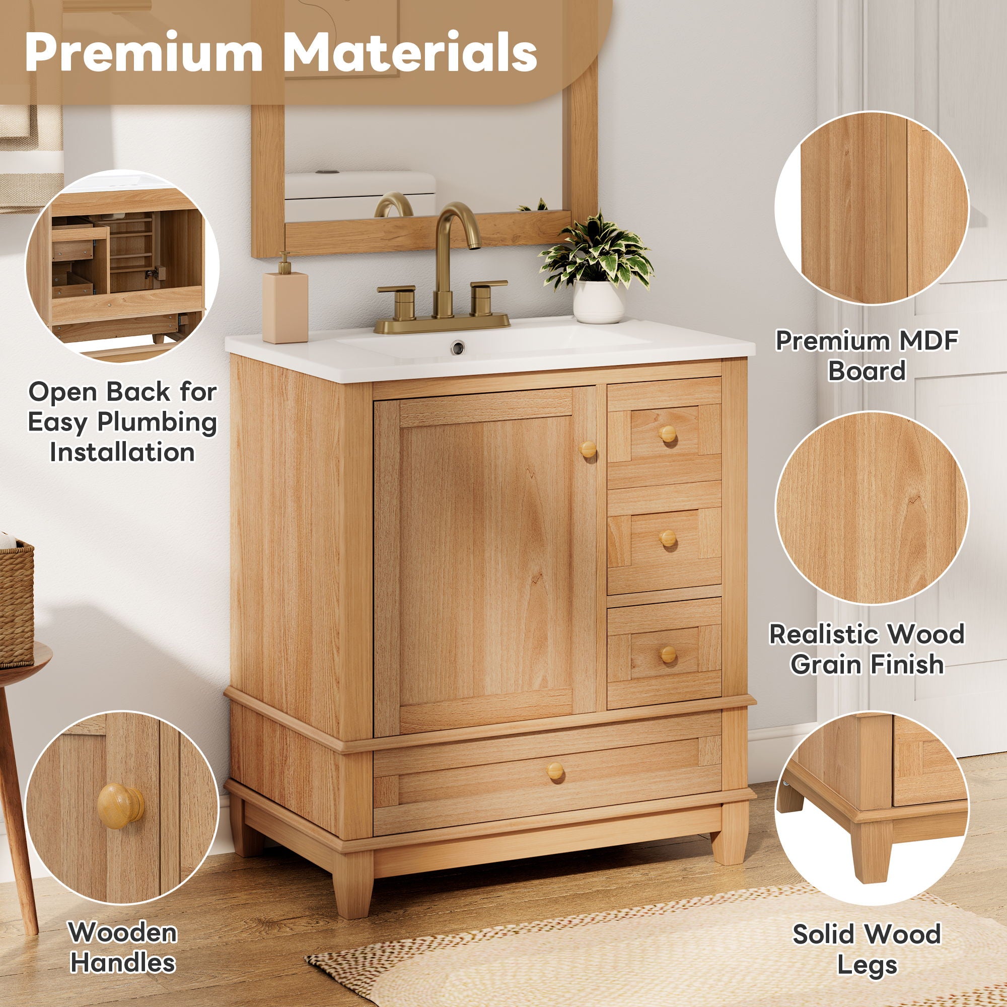 Freestanding Bathroom Vanity With Sink, Soft Close Doors & Drawers, Ample Storage - Wood