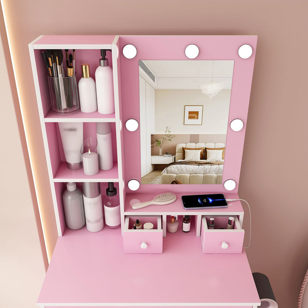 Vanity Table With Mirror, Adjustable LED Lights, Power Outlet, Hairdryer Holder & Stool