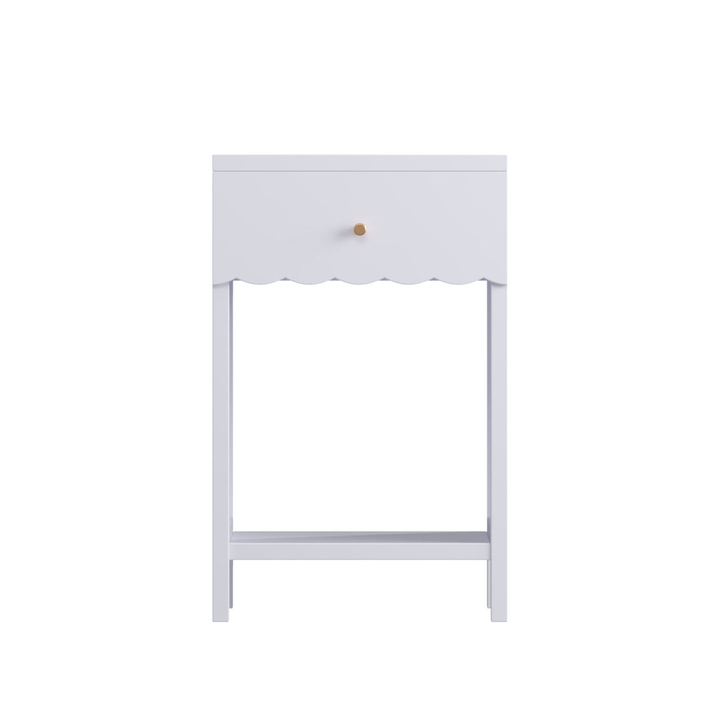 Nightstand With Drawer And Open Shelf, Scalloped Edge Bedside Table