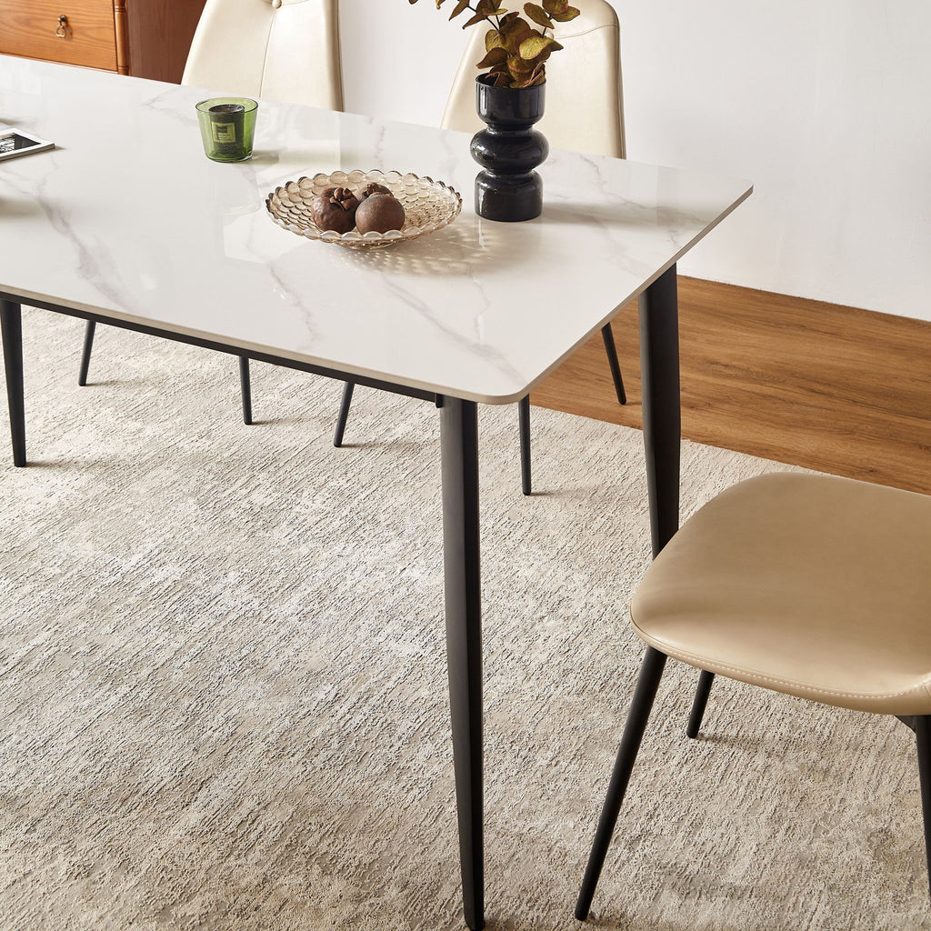 Dining Table Round White Sintered Stone Top Heavy Duty Metal Legs Waterproof Surface For Kitchen Dining Room Or Office Furniture - White / Black