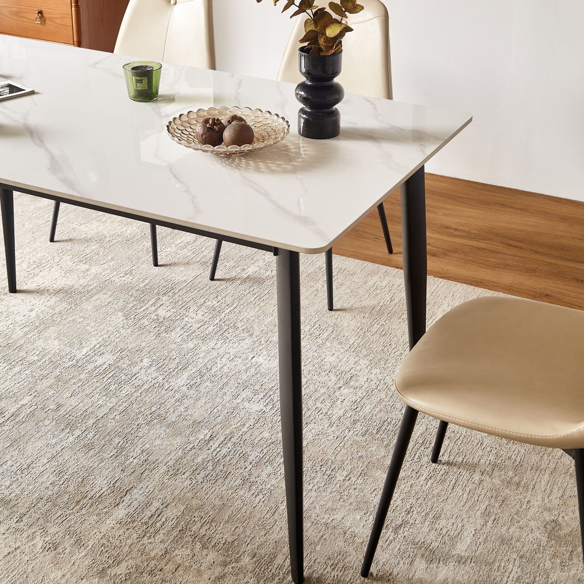 Dining Table Round White Sintered Stone Top Heavy Duty Metal Legs Waterproof Surface For Kitchen Dining Room Or Office Furniture - White / Black