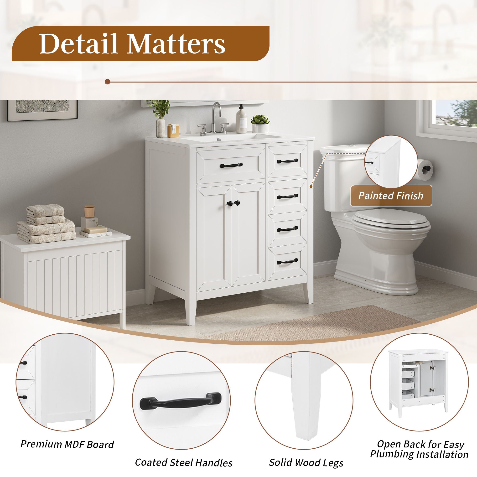 Bathroom Vanity With Sink, Freestanding Design, Soft Close Doors & Drawers - White