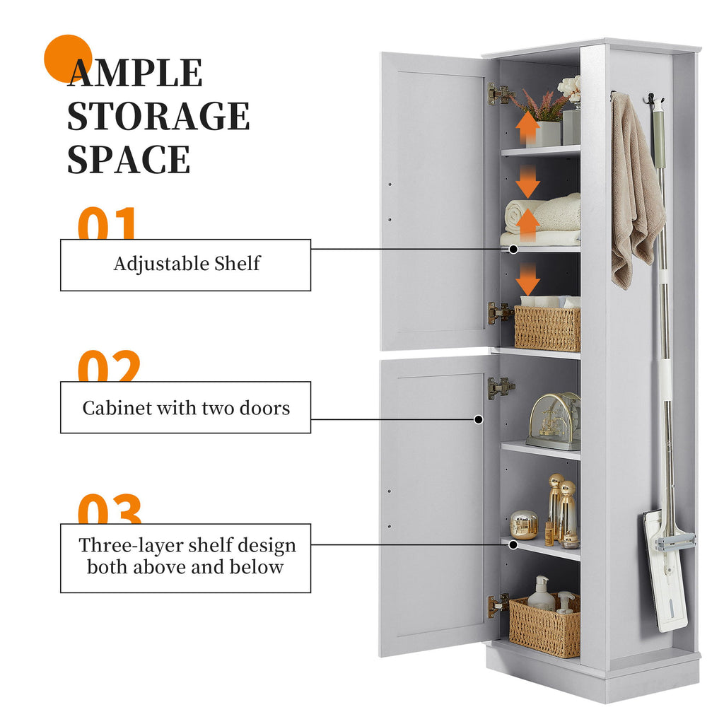 Tall Freestanding Bathroom Storage Cabinet With Adjustable Shelves And Side Hooks