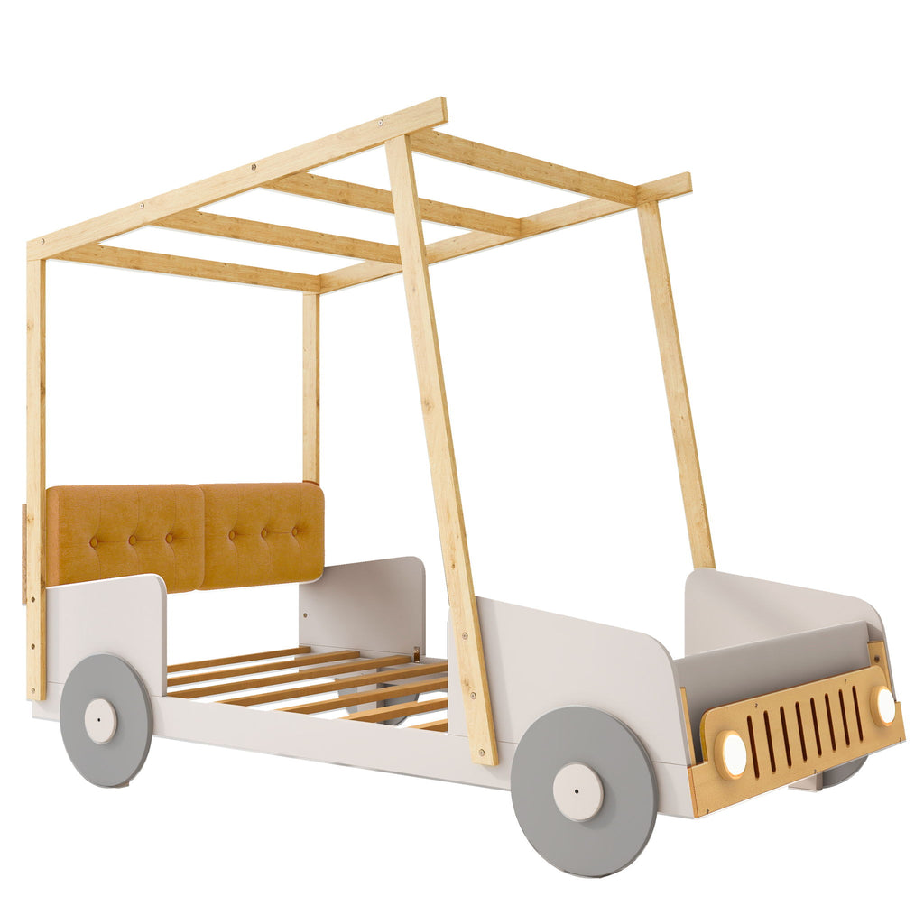 Twin Size Car Bed With Pillow, Ceiling Cloth And LED - Natural