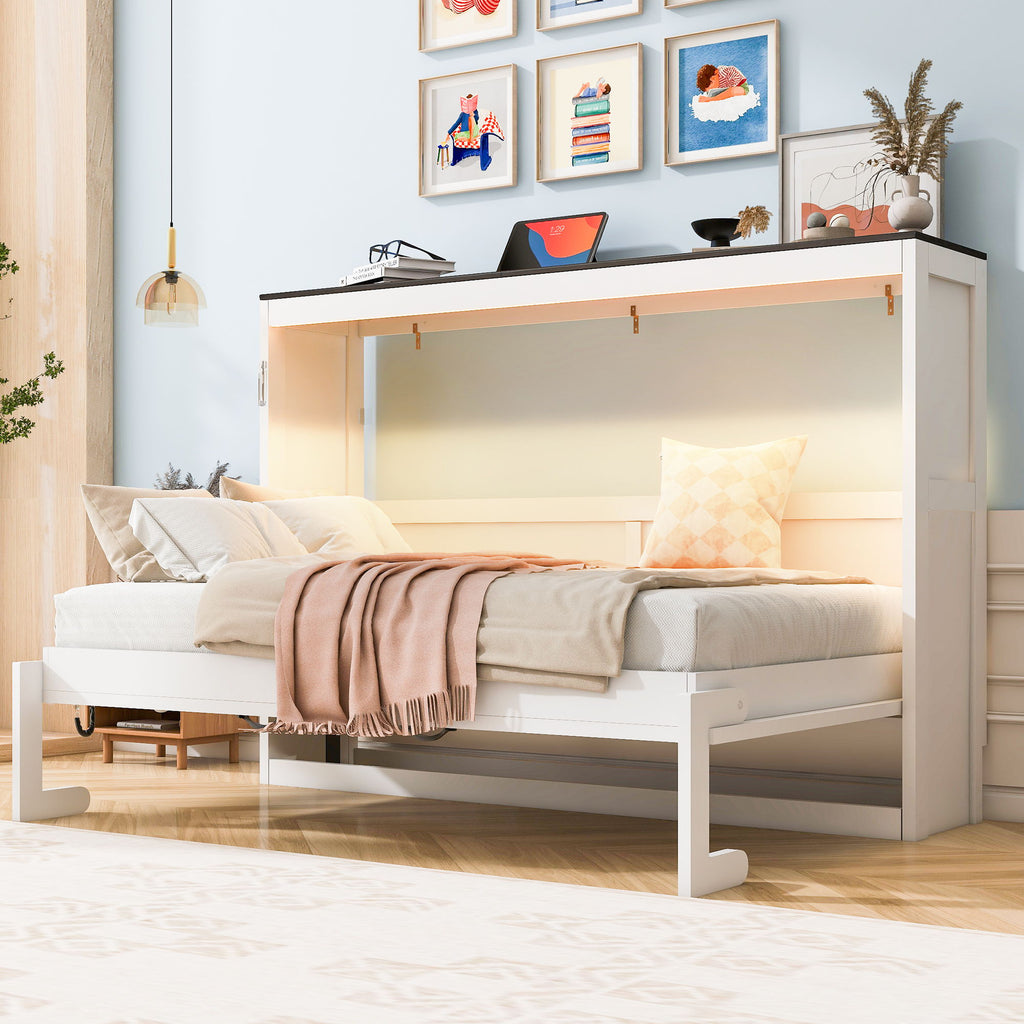 Murphy Bed With LED Light, Foldable Wall Bed Cabinet
