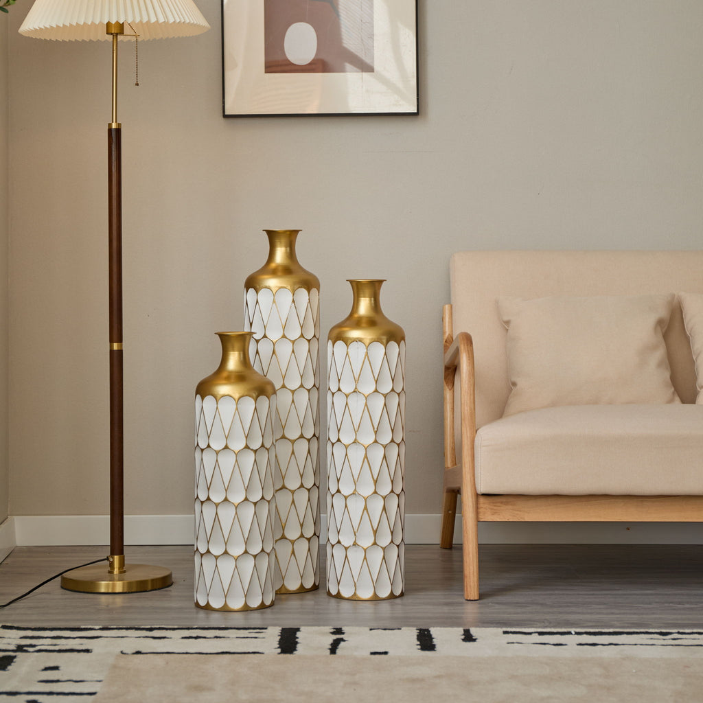 Floor Metal Vase Modern Style Decoration Home Droplet Shaped Metal Vase 3 Piece Set Gorgeous Home Decoration Large Glazed Metal Vase - Gold / White