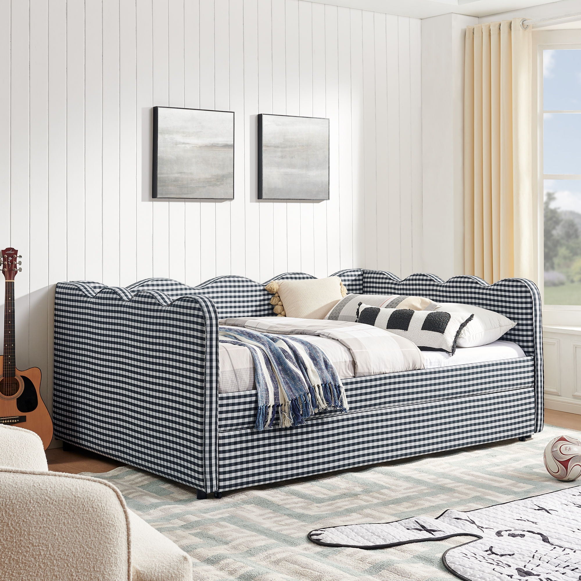Gingham Daybed & USB Charging Port, Wave-Shaped Design