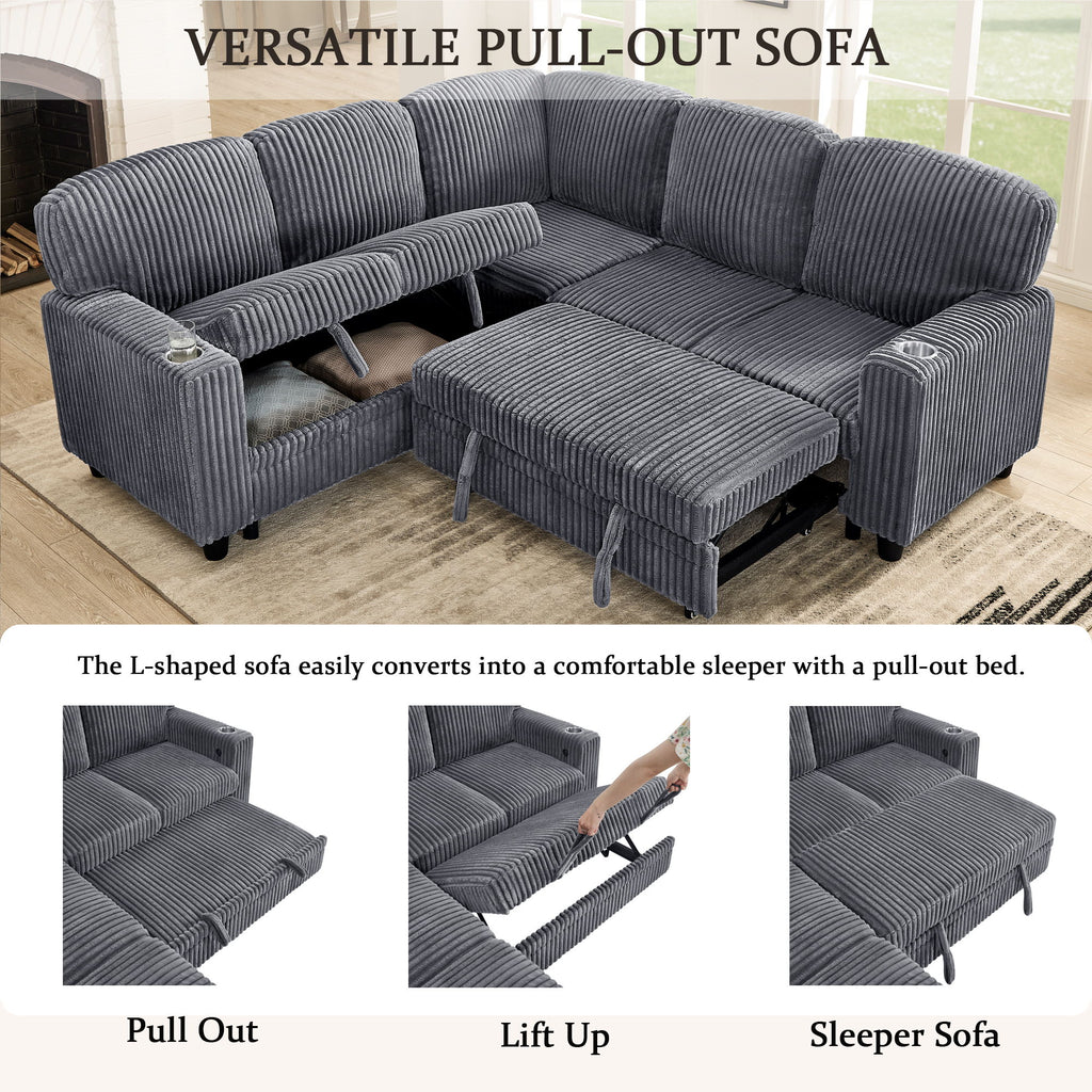 L-Shaped Sectional Sofa Bed With Pull Out Bed & Storage, 5 Seat Sleeper Couch With USB Charging For Living Room - Gray