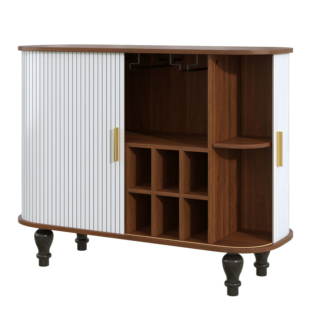 Fluted Liquor & Coffee Bar Cabinet With 6 Wine Racks And 3 Glass Holders