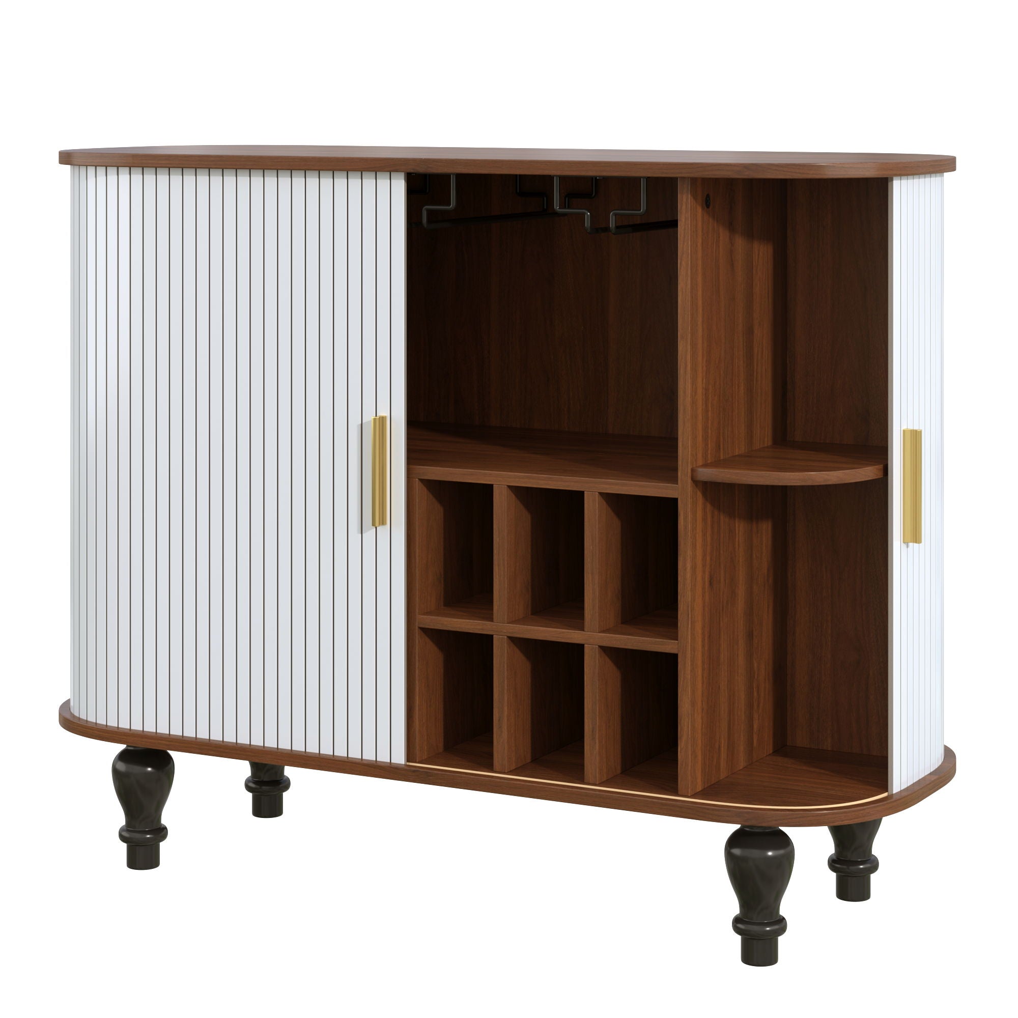 Fluted Liquor & Coffee Bar Cabinet With 6 Wine Racks And 3 Glass Holders