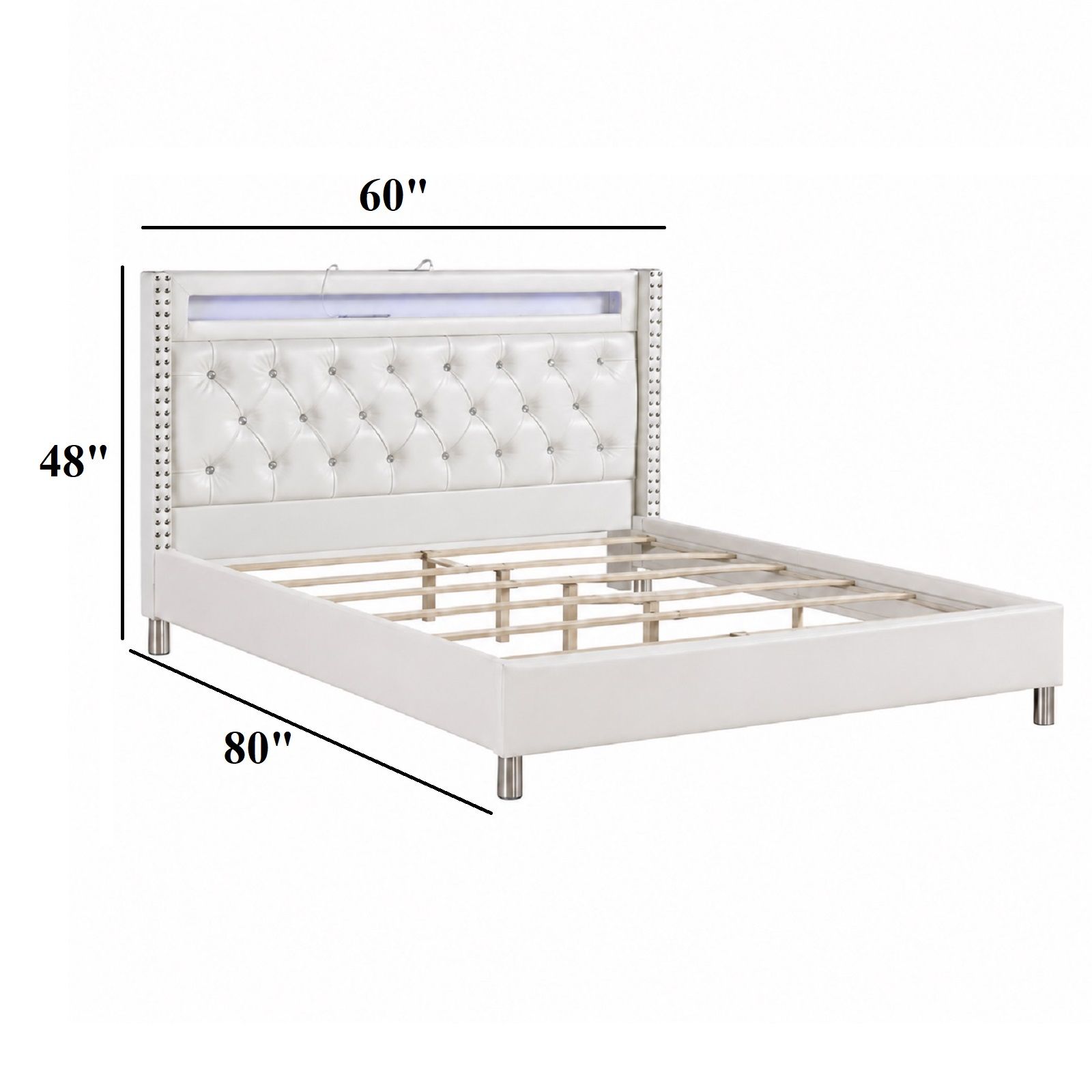 Modern Bed With LED Lights, Charging Port, Tufted Headboard